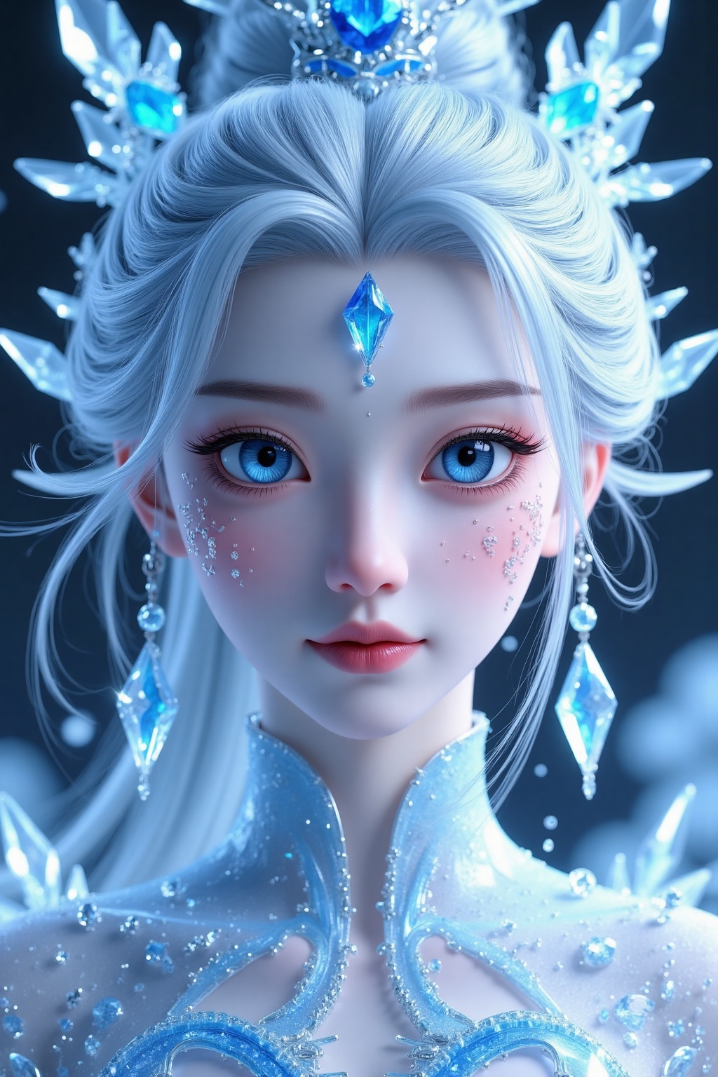 3D CG Chinese animation style, ice spirit with delicate three-dimensional facial features, large bright sapphire eyes, oriental aesthetics with crystalline ice formations, strong spatial depth composition, premium crystal and frost textures, medium close-up portrait, cool blue and silver color palette, natural snowflakes and icicles, refined bone structure, ethereal cold lighting