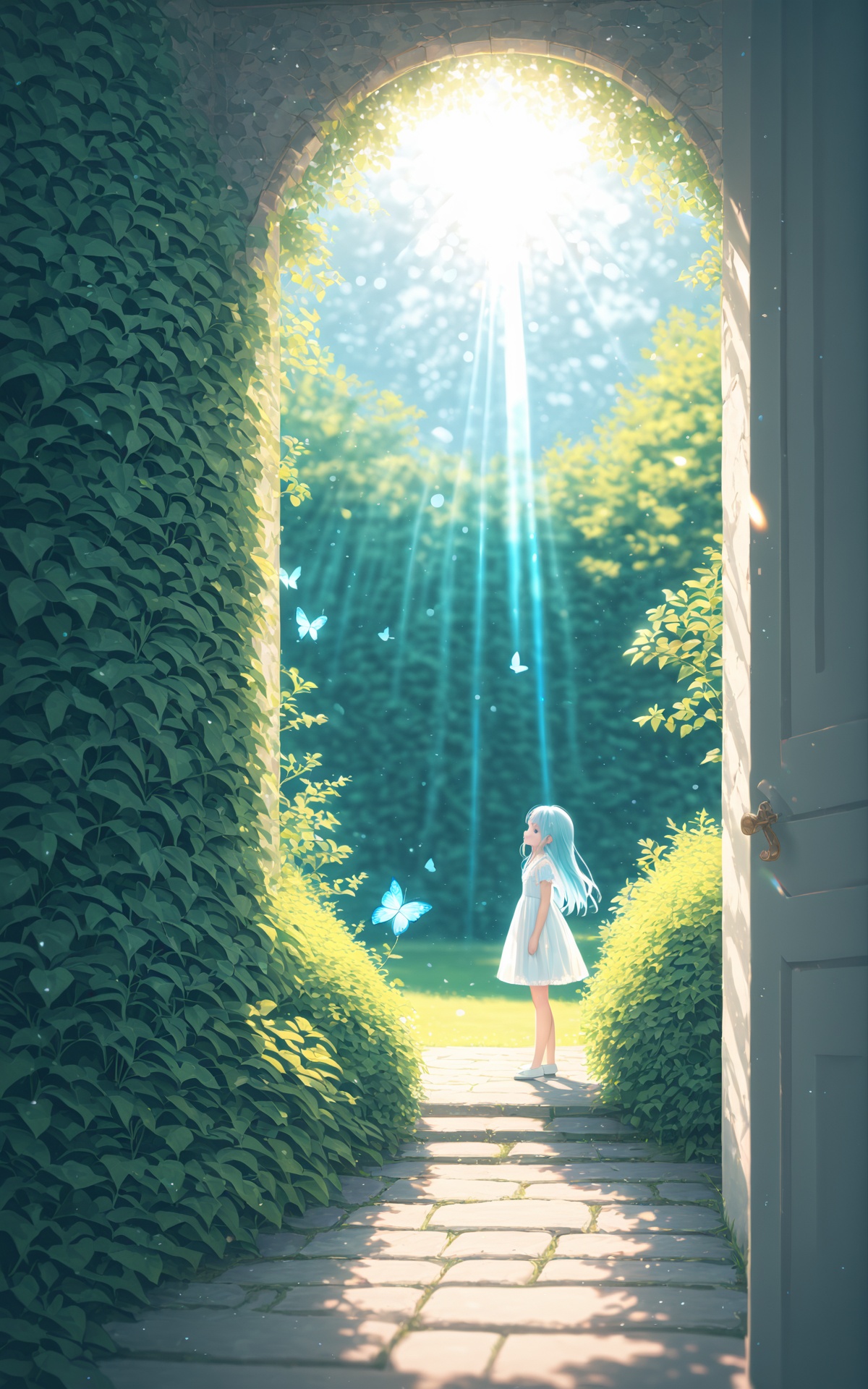 (masterpiece), (best quality), illustration, ultra detailed, hdr, Depth of field, (colorful), loli,wide shot,(depth of field),global illumination,soft shadows,backlight,lens flare,((colorful refraction)),((cinematic lighting),looking outside,with butterfly,1girl with lightblue long hair and blue aqua eyes,hair flowers,hime cut,sunlight,blurry background,blurry,garden,White Dress,
