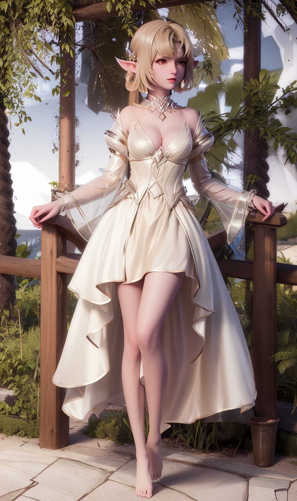 3D,masterpiece,(best quality),official art, extremely detailed cg 8k wallpaper,((crystalstexture skin)), (extremely delicate and beautiful),(highly detailed),(1girl), (solo), (jewelry), (breasts), (earrings), (blonde_hair),(hair),(hair_ornament),(handwear),  (long_hair), (medium_breasts), (clothes),(dress),(skirt),(pointy_ears),(long_sleeves) ,((full body)),(barefoot),(bare leg),(whole body),(sunshine, outdoor,),((looking_at_viewer)),((Facing the camera)),, <lora:hipoly3DModelLora_v10:0.3>