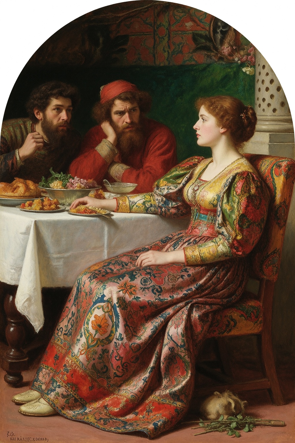 John Everett Millais style,  Lorenzo and Isabella at banquet,  intricate patterned fabrics on Tensor.Art