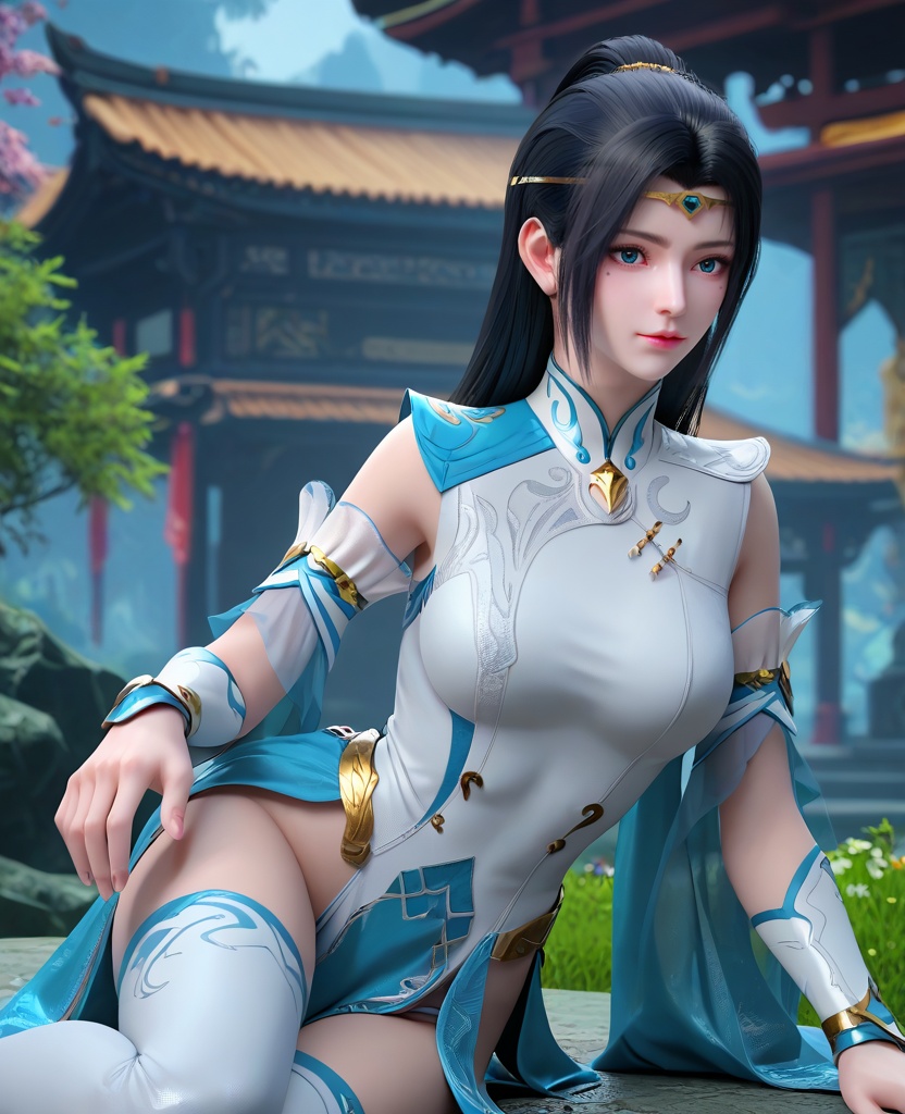 (oriental architecture, elegant decor, sophisticated style:1.1),Lying supine, one knee bent, with a hand gently touching her collarbone, she exudes an inviting sensuality,(breasts:1.2),<lora:XL16大主宰苏萱:0.95>,miss suxuan,layered aqua and white gown,blue eyes,mole under right eye,circlet,black hair,long hair,wide flowing sleeves,bracer,pelvic curtain,white thighhighs,, zPDXL2, score_9, score_8_up, score_7_up BREAK realistic, masterpiece,best quality, highly detailed,, zPDXL3, zPDXL2,zPDXL, zPDXLxxx, zPDXLrl,