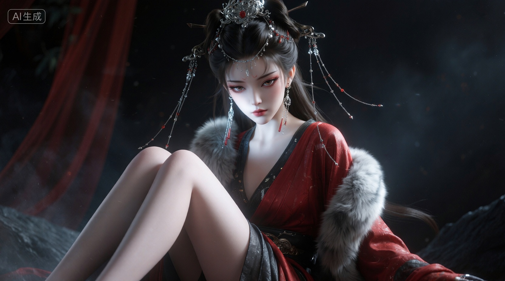 图片风格:用极致的高光死白制造视觉焦点,用明暗细节的对比拉满情绪张力,最终实现"强烈,锐利,有层次" 的视觉冲击,, 图片内容:电影级质感,电影级质感,绝美少女,白皙皮肤,睫毛弯弯,极致美瞳,体积光束,腿很修长,细节清晰,极致清晰,极致美学,对焦模糊,强侧光,高曝,red long upper shan,overexposure,暗调,伦勃朗光,强烈明暗对比,高反差,美女精怪,野性,妖艳,自然,长流苏头饰,发冠,双髻,长耳坠,robe,皮草,肌理质感,情绪氛围感拉满,奇特视角,胶片颗粒感,慢快门,朦胧美学,层次感,中式梦核,聊斋,, Negative prompt: ng_deepnegative_v1_75t,(badhandv4:1.2),EasyNegative,(worst quality:2),,nsfw, Steps: 40, Sampler: Euler, CFG scale: 1.0, Seed: 3195917999, Size: 1664x928, Model hash: 98763a1277, Model: Qwen-Image_1.0.safetensors, Denoising strength: 0, RNG: CPU, Lora 1: 【摸鱼】3D, Lora Hash 1: 2106c5bf96, Lora Weight 1: 0.8, Lora 2: 【摸鱼】3D电商渲染级KV海报_创意视觉表达, Lora Hash 2: ce1227b095, Lora Weight 2: 0.4, Lora 3: Qwen-Image-Lightning-8steps-V1.1-bf16.safetensors, Lora Hash 3: fe04c3ec1d, Lora Weight 3: 0.6, vae_name: automatic