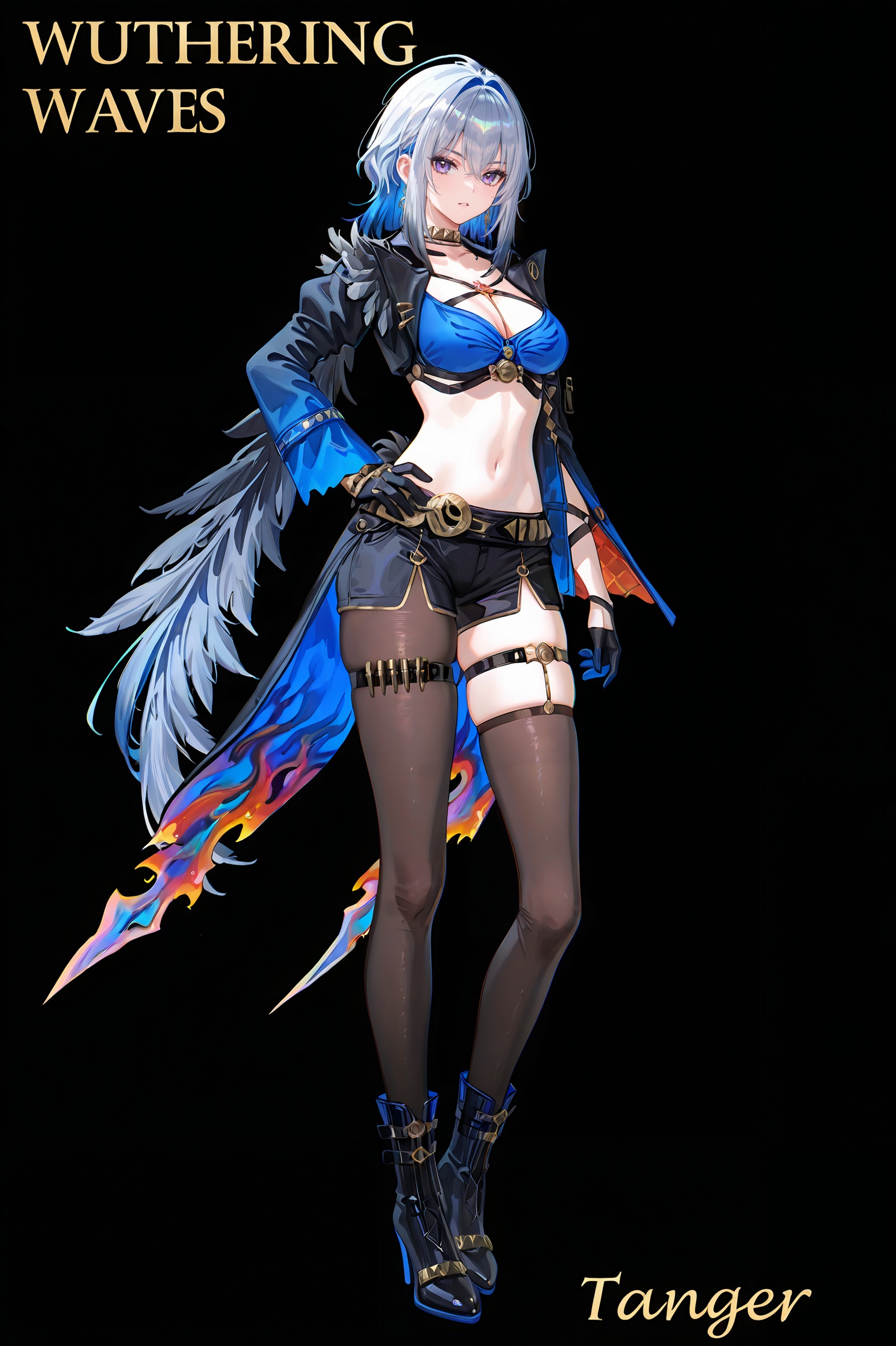 8k,best quality,masterpiece,(ultra-detailed),(high detailed skin),((artist:reoen),(artist:fuzichoco),(artist:atdan),(artist:torino_aqua),year 2024:0.8)1girl,[artist:wlop],[artist:ningen_mame],artist:ciloranko,[[artist:rhasta]],artist:tidsean,colorful,full body,full shot,standing,(solo:1.2),simple background,(white background:1.2),hand on own hip,(white background:1.1),looking at viewer,english text,<lora:Galbrena-noob-Tanger:0.9>,Galbrena \(Wuthering Waves\),Galbrenadef,clothes: Galbrenadef clothes,Galbrenadef black shorts,Single-Shoulder Feathered black Capelet,Galbrenadef blue-and-black Hip Drapes,Galbrenadef black-and-blue long sleeves,Galbrenadef asymmetric black thighhighs,Galbrenadef asymmetric black-and-blue gloves,1girl,solo,breasts,boots,navel,gloves,white background,Galbrenadef asymmetric black thighhighs,cleavage,purple eyes,jewelry,thigh strap,earrings,black footwear,grey hair,black pantyhose,