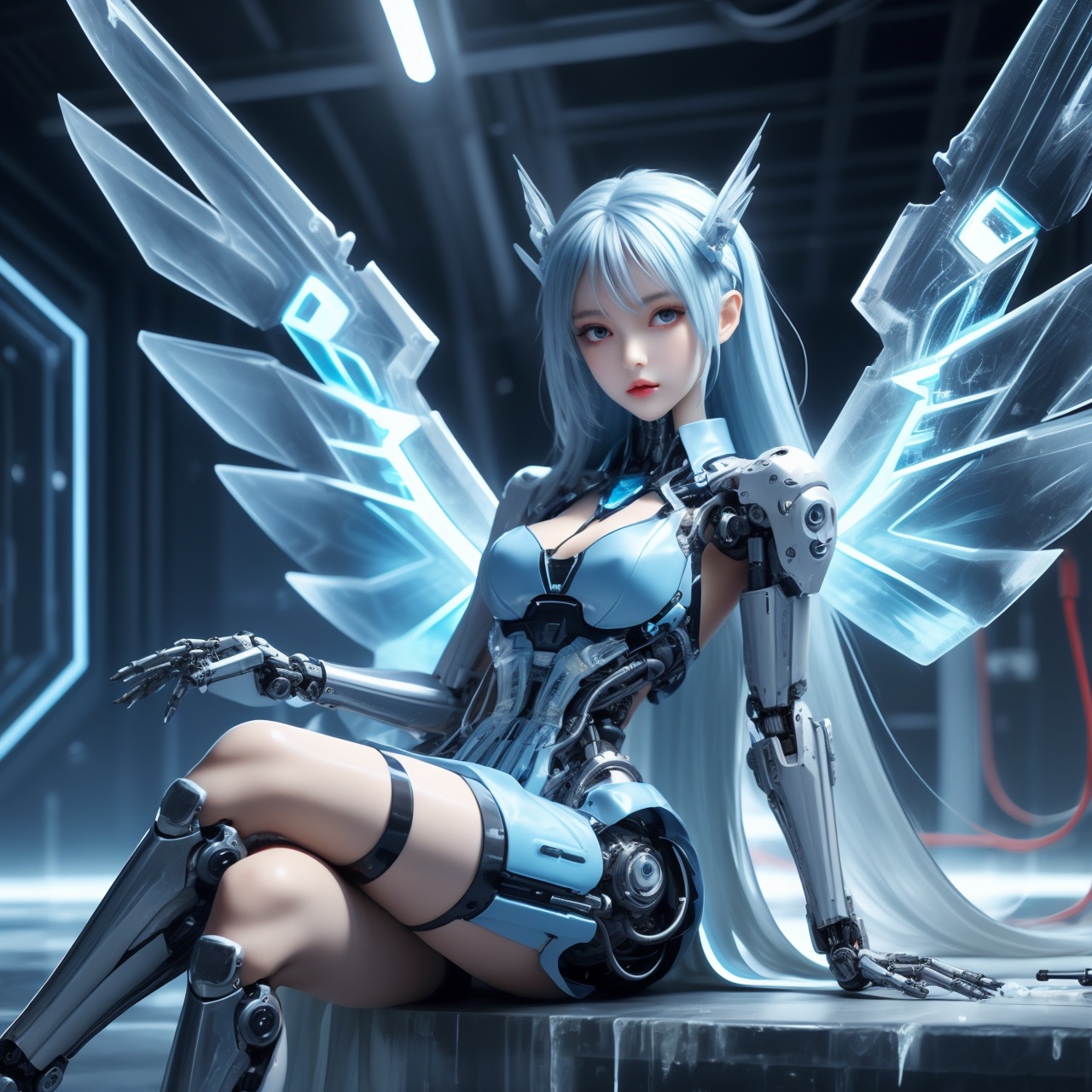high quality,masterpiece,PVC),mechanical  wings,on stomach,sitting,crossed legs,ice blue dress,Fantasy,cyberpunk,Semi mechanical girl,cyborg,