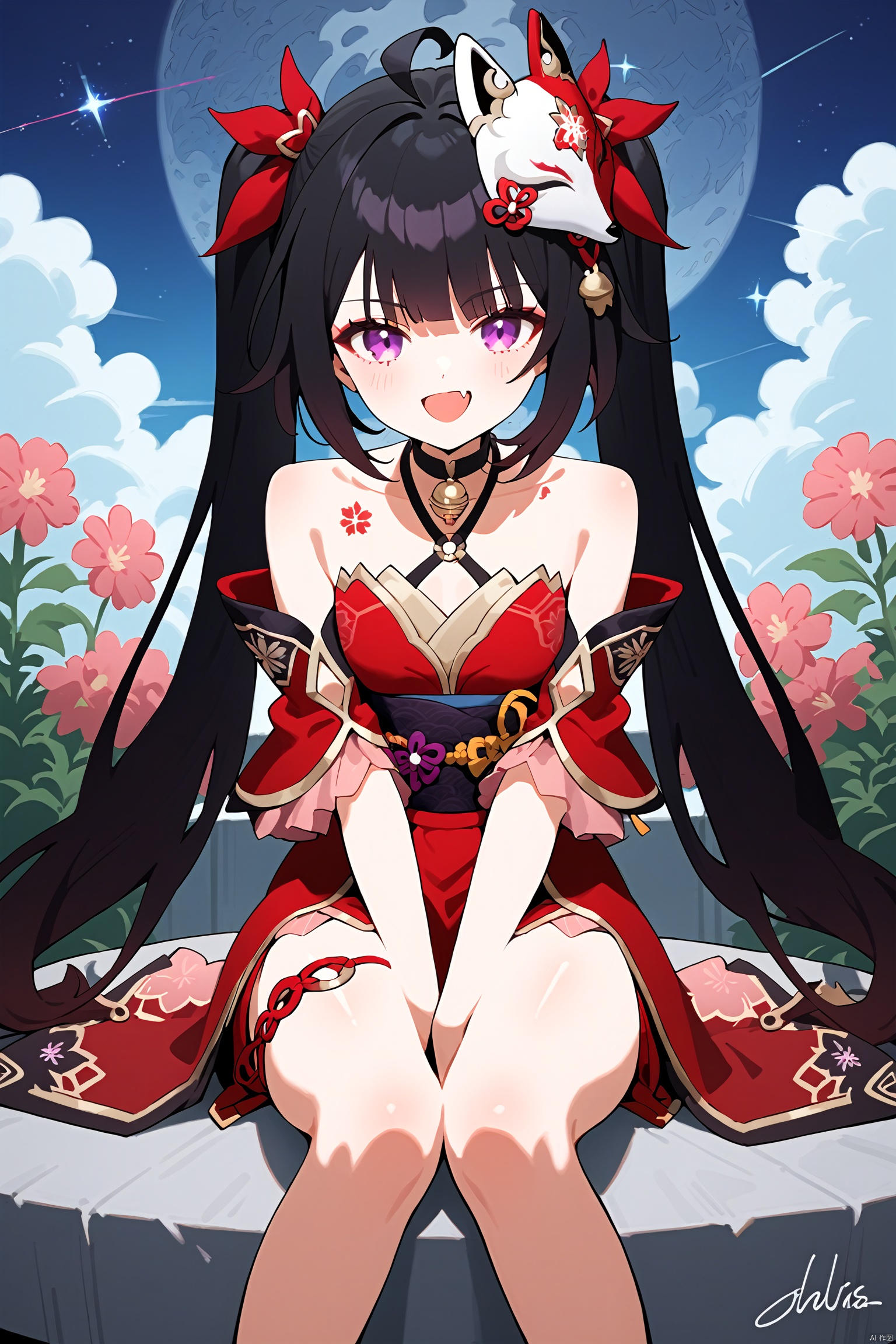 score_9,score_8_up,score_7_up,best quality,masterpiece,source_anime,\\\\\\\\\\\\nai3, 1girl, solo, ahoge, virtual youtuber, , flower, looking at viewer, smile,bangs,between legs, :d, fang, \\\\\\\\\\\\\\The girl on the top of the building, the starry sky, the meteor crossed, the city skyline behind her was extremely beautiful, the breeze was blowing, the girl's heart was confused, her face was red, and she stroked her hair\\\\\\\\\\\\\Top view, panorama, fisheye lens,////////////////////////// huahuo, mask on head, black hair, twintails, purple eyes, fox mask,Cherry blossom tattoo, chest tattoo<lora:EMS-36433-EMS:0.300000>, <lora:EMS-311794-EMS:0.700000>, <lora:EMS-271962-EMS:0.500000>