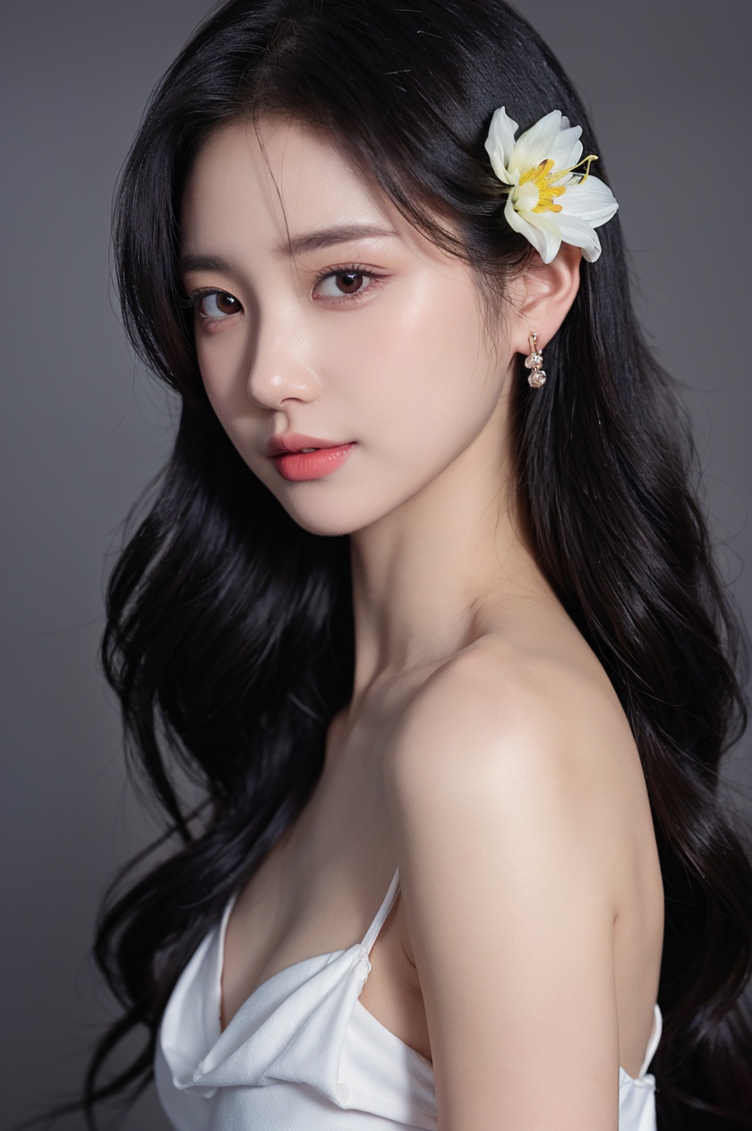 1girl, solo,(front view:1.2),(looking_at_viewer:1.4),(eye-contact:1.4),,black hair, long hair, jewelry, realistic, earrings, hair ornament, black eyes, lips, collarbone, parted lips, flower, watermark, upper body, portrait, hair flower, dress, web address,  <lora:YG红颜阁美女5:0.8>,