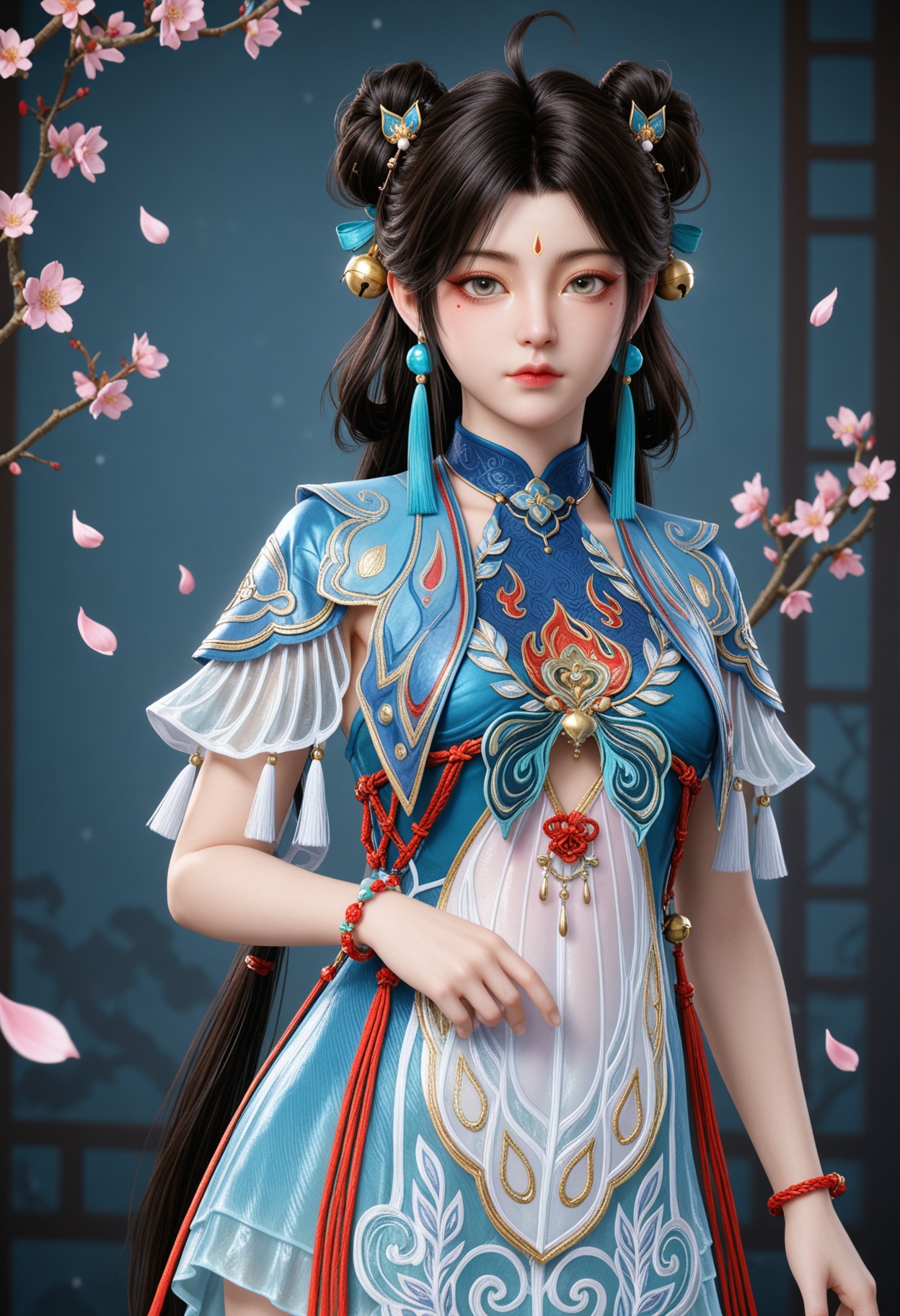 (cowboy shot:1.2),(looking at viewer:1.1),masterpiece,(best quality),smog,Dark room,dim lighting,peach blossom,falling petals,<lora:YQ_Illustrious光辉v5_蓝梦_V1:0.8>,q1528437228,1girl,solo,jewelry,black hair,dress,hair ornament,earrings,long hair,hair bun,chinese clothes,double bun,tassel,blue dress,facial mark,forehead mark,bell,bracelet,short sleeves,mole under eye,brown hair,grey eyes,beads,shoes,ahoge,hair rings,brown eyes,white footwear,china dress,hair bell,braid,jingle bell,sandals,