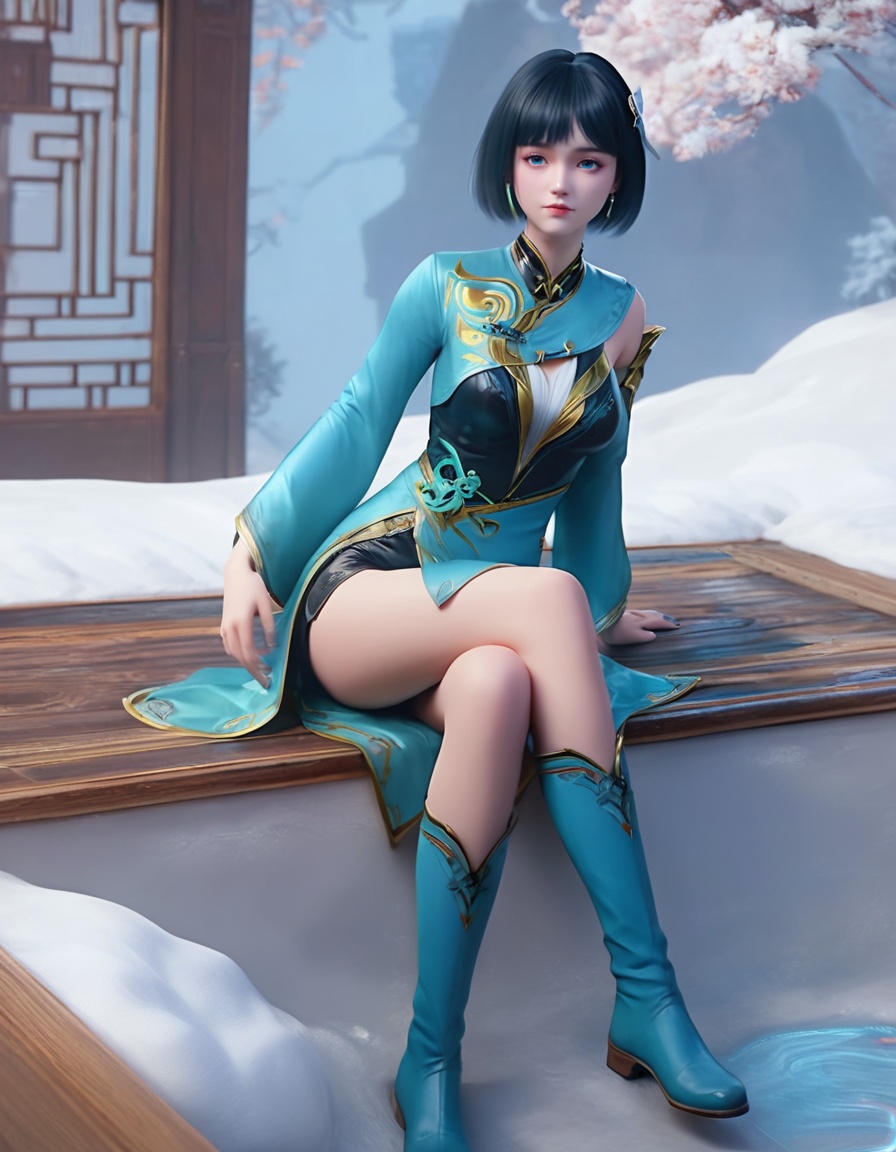 score_9,score_8_up,score_7_up,score_6_up,score_5_up,score_4_up,1girl,breast,medium breast,earrings,hair_ornament,dress,short hair,black hair,blue eyes,<lora:wy_muqingluan_XL5.0:0.8>,boots,knee boots,chinese clothes,blue footwear,long sleeves,nail polish,shorts,snow,