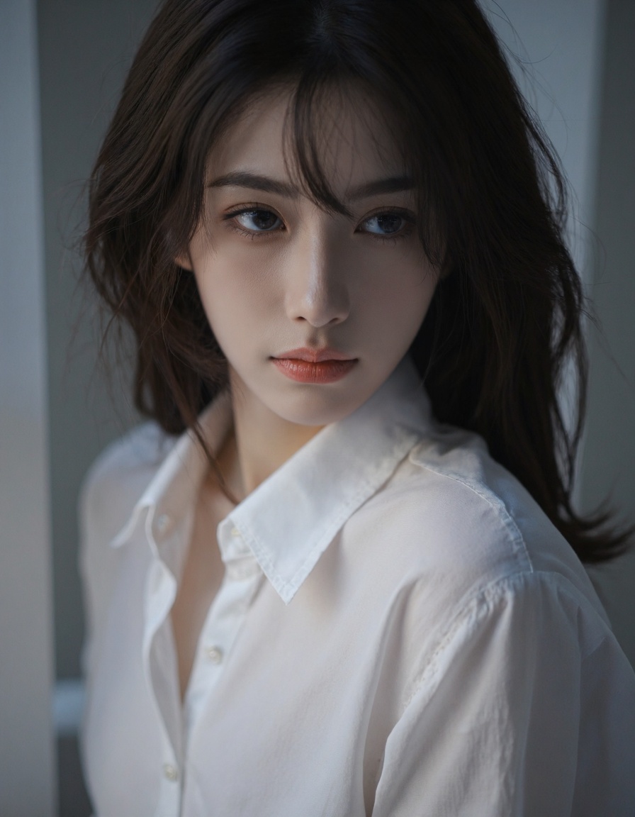 a 18 y.o girl wearing blouse,(from above:1.1),from side,soft lighting,high resolution,professional grade,RAW photography,evocative composition,Cinematic Lighting,moody lighting,perfect eyes,depth of field,virtual background,eyes focus,the face of an angel,<lora:majicbeauty1:0.8>,<lora:kl:1>,