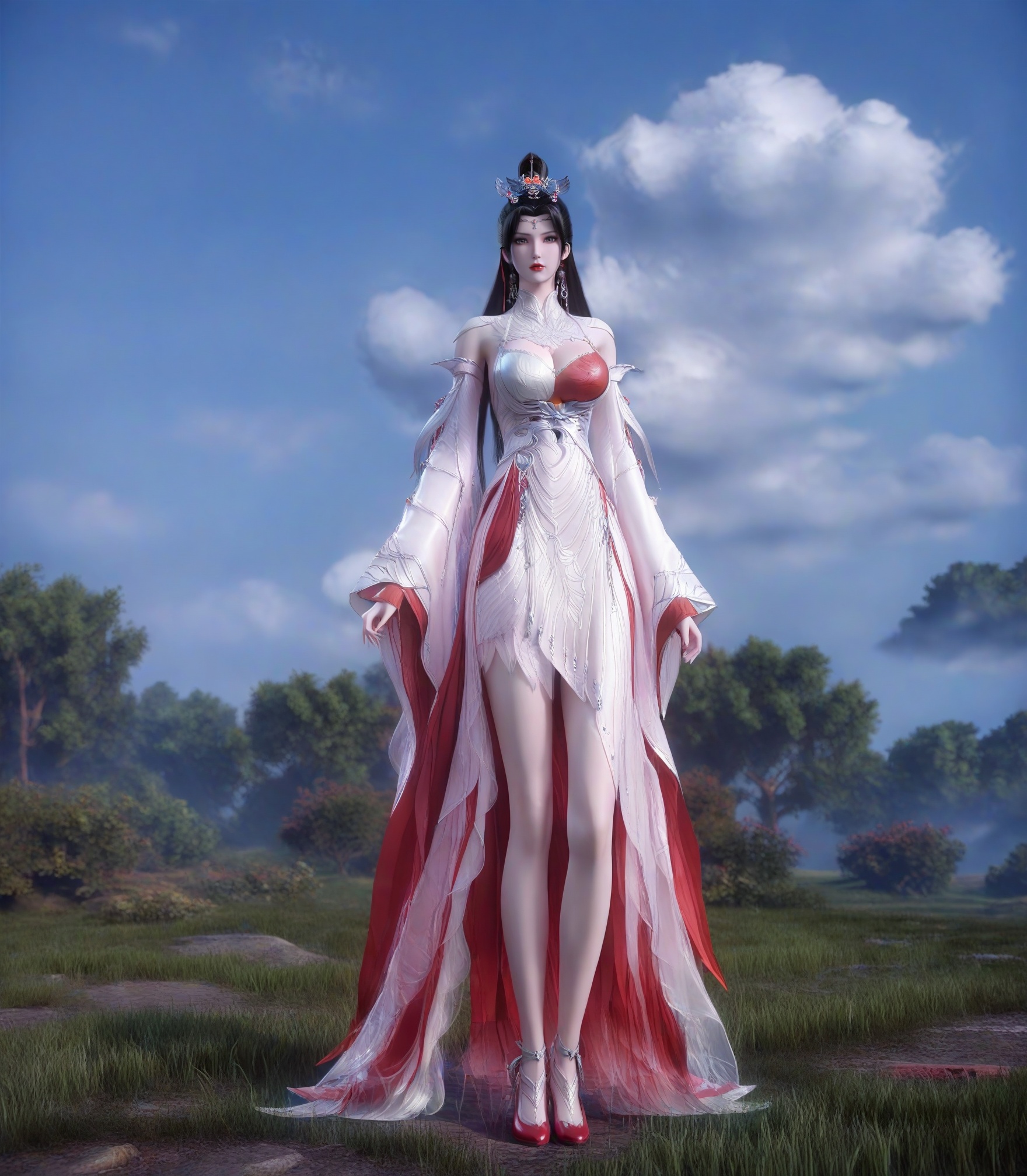 score_9,1girl,solo,hair ornament,long hair,dress,hair bun,enchanting expression,breasts,large breasts,detached sleeves,prink dress,lipstick,eyelashes,grass,black hair,looking at viewer,white background,simple background,full body,red cloth shoes,flat shoes,<lora:SF_LiuMeiSecondClothes81~86_Pony_Realism2.3-000004:0.72>,The blue sky and white clouds,