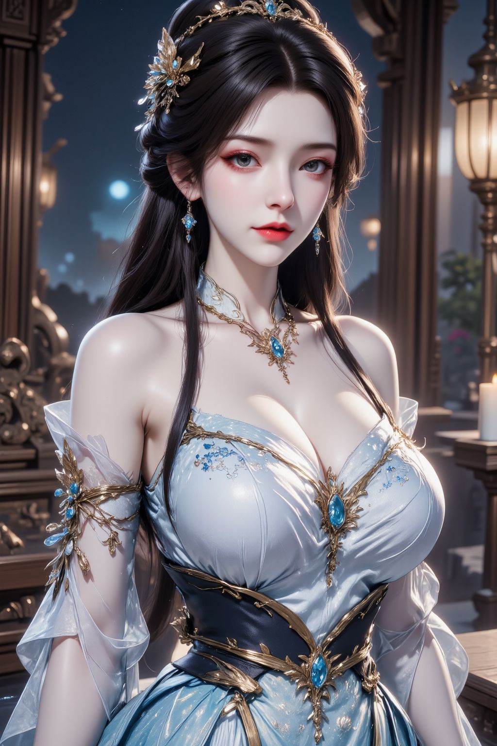 <lora:AgainAnimeGirlF1Lora10_v2:0.8>, 1girl, solo, long hair, breasts, looking at viewer, black hair, dress, cleavage, bare shoulders, jewelry, upper body, braid, earrings, necklace, blue dress