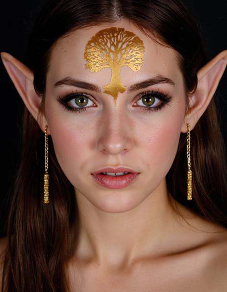 detailed face photo of a young elven woman with pointy ears and golden earrings, makeup, golden tree face tattoo on her forehead, mystic lighting