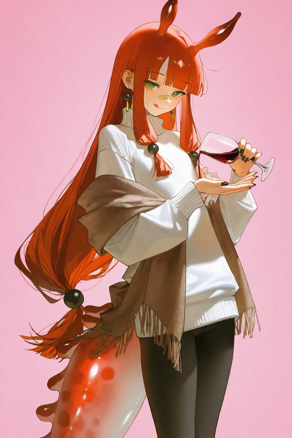 highres,absurdres,very awa,masterpiece,best quality,newest,year 2024,kukka,mocha \(cotton\),(banishment:0.8),(rei \(sanbonzakura\):0.7),(ciloranko:0.5),(dino \(dinoartforame\):0.3),(betabeet:0.5),(konya karasue:0.4),(quasarcake:0.6),(wlop:0.4),(yomu \(sgt epper\):0.5),(yoneyama mai:0.5),(hewu639356:0.7),(na tarapisu153:0.5),rella,(tianliang duohe fangdongye:0.6),lineart,\n,(pink background:1.5),1girl,solo,sea slug girl,slug girl,(long hair:1.3),blunt bangs,wine red hair,black streaked hair,long sidelocks,sidelocks,inverted bob,(low-tied long hair:1.3),green eyes,red horns,flat chest,red tail,huge tail,black nails,long nails,very long nails,bandaid on nose,earrings,black crystal earrings,brown shawl,white sweater,tight pants,black leggings,no socks,black footwear,high heel sneakers,(cowboy shot:1.3),light blush,looking down,light smile,cupping hands,wine glass,looking at viewer,pouring onto self,licking lips,
