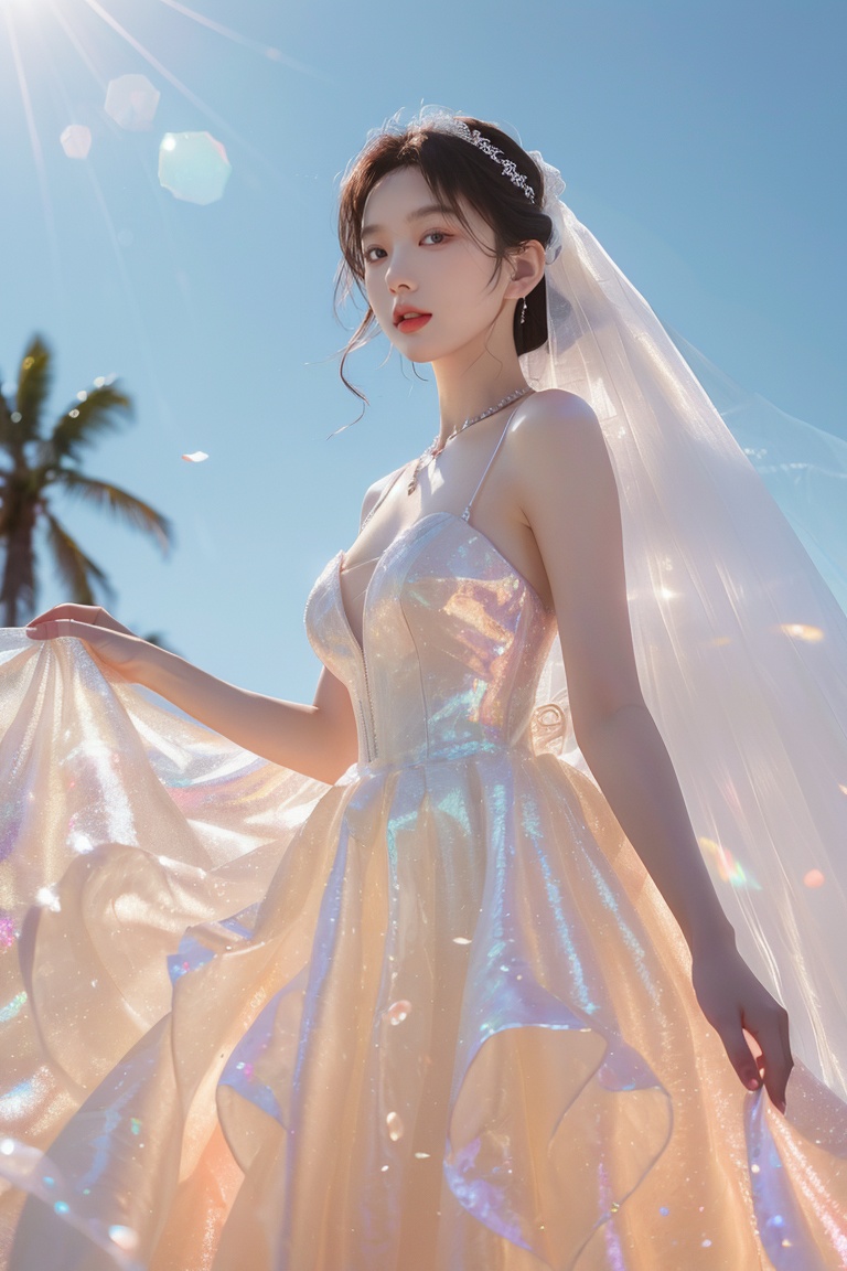 (masterpiece:1.3),(best quality:1.3),(photorealistic:1.4),see-through,midriff,pantyhose,(large breasts:1.2),yaosi,(street:1.4),(ultra detailed:1.3),unity 8k wallpaper,realistic,1girl,beautiful,smile,Big eyes more details,hair in the back of the head,a pearl necklace around the neck,(wedding dress:1.4),bright color,standing on the lawn,blue sky,floret,white clouds,soft light,early summer at seven in the morning,Jewelry,necklace,(8k, RAW photo, best quality, masterpiece:1.2),(realistic, photo-realistic),professional lighting,photon mapping,radiosity,Extreme Light and Shadow, <lora:YG彩虹糖纱婚纱:1>,