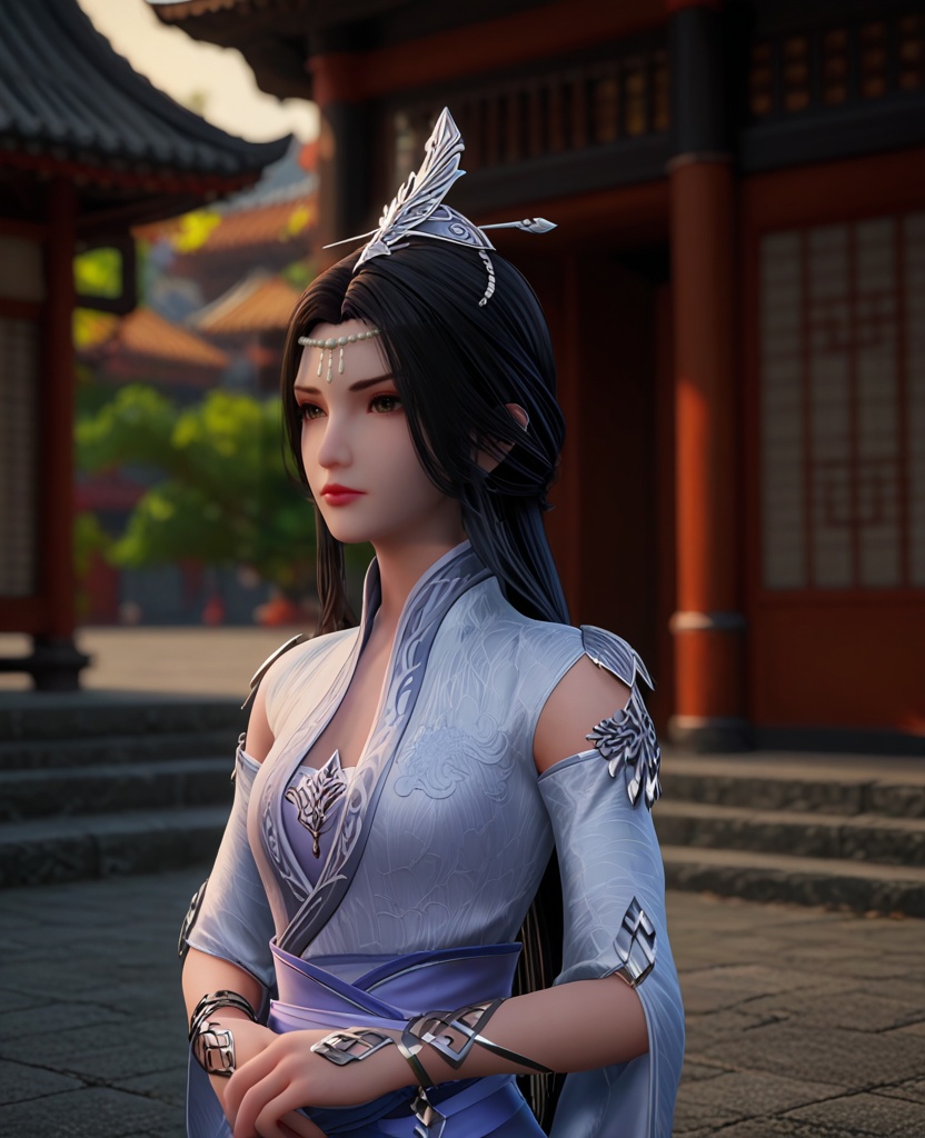 (oriental architecture, elegant decor, sophisticated style:1.1),(Posing with arms folded, looking serious,:1.1),(breasts:1.2),<lora:XL神墓楚月:0.95>,miss chuyue,silver dress,sash,detached sleeves,brown eyes,black hair,long hair,hair ornament,wrist cuffs,, score_9,score_8_up,score_7_up,score_6_up,score_5_up,score_4_up,3d rendering,tag1,tag2, Cinematic Lighting,backlighting,