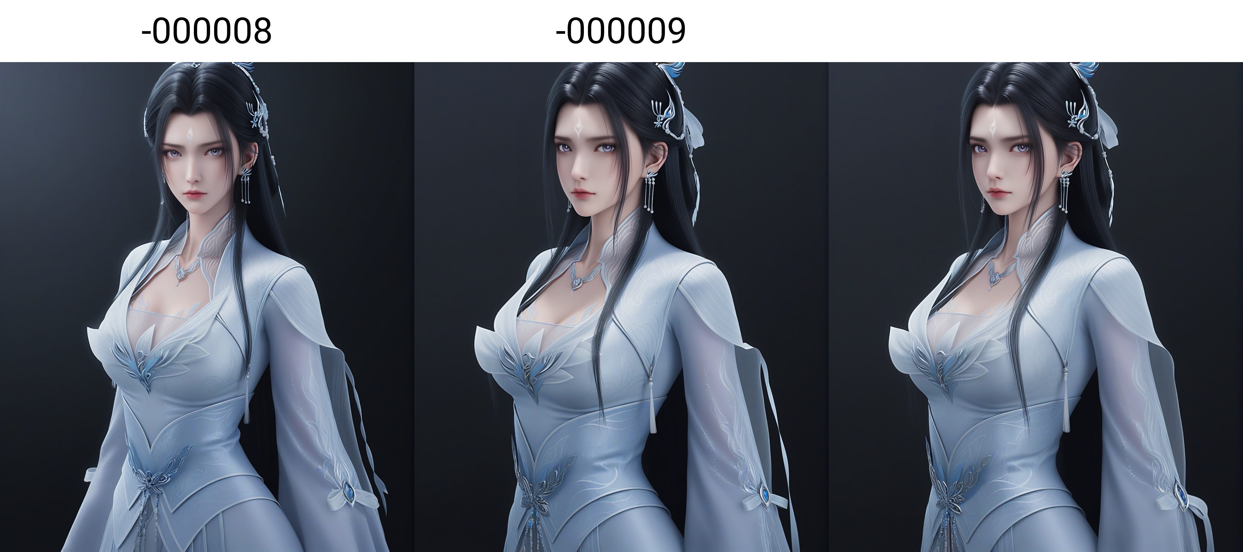 masterpiece,best quality,absurdres,highres,mature female,solo,<lora:新-陆雪琪-ill-000008:0.85>,luxueqi,long hair,black hair,hair ornament,jewelry,earrings,forehead mark,hair bun,hair ribbon,grey_eyes,purple_pupils,BREAKcollarbone,sheer overlay,necklace,dress,belt,cleavage,see-through cleavage,looking at viewer,front view,cowboy shot, simple background,black background,