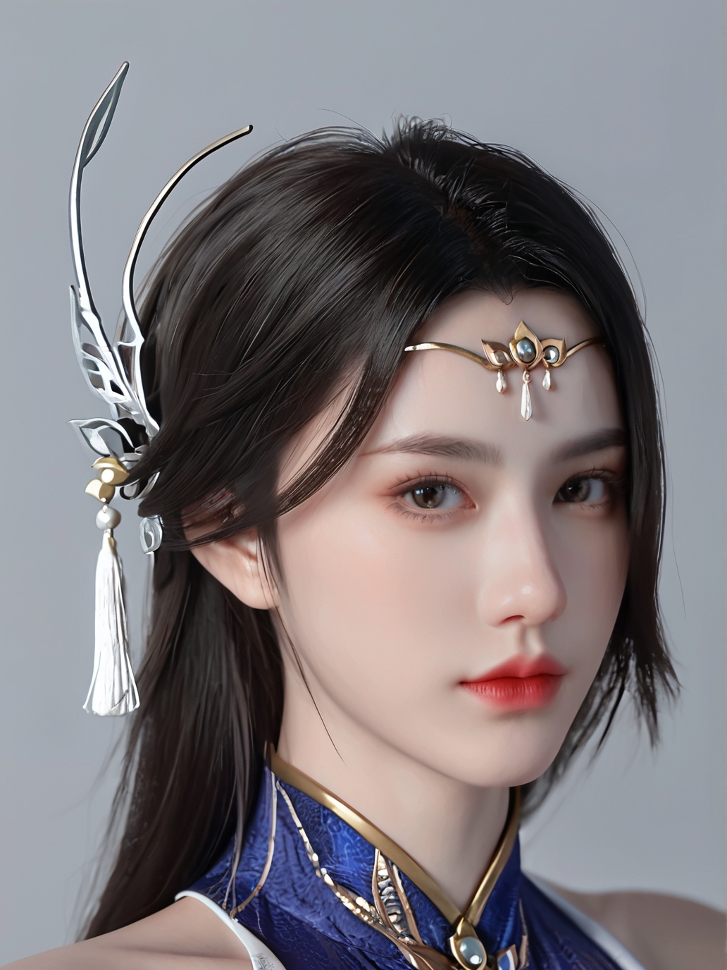 score_9,score_8_up,score_7_up,source_3d,rating_safe,<lora:xuanyi-000008:0.9>,xuanyi,1girl,solo,closed mouth,hair ornament,(forehead jewelry),china dress,looking at viewer,portrait,(grey background),depth of field,blurry background,