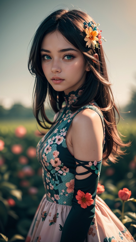 1 young cute girl,  flower dress,  colorful on Tensor.Art