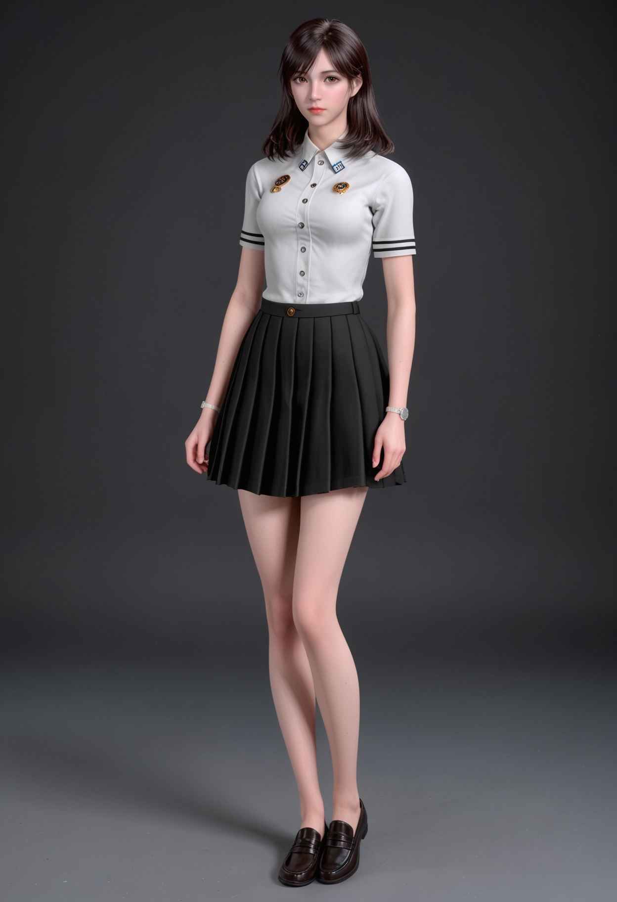 (standing full_body:1.1),(masterpiece:1.1),(best quality:1.2),(intricate details),(looking at viewer:1.1),facing viewer,direct gaze,<lora:YQ_pony_xuxin2.0_V5:0.8>,q1528437228,1girl,solo,long hair,brown eyes,brown hair,shirt,black hair,buttons,skirt,school uniform,jewelry,watch,wristwatch,black eyes,medium hair,swept bangs,bracelet,loafers,BREAK simple background,pure black background,black background,perfect anatomy,
