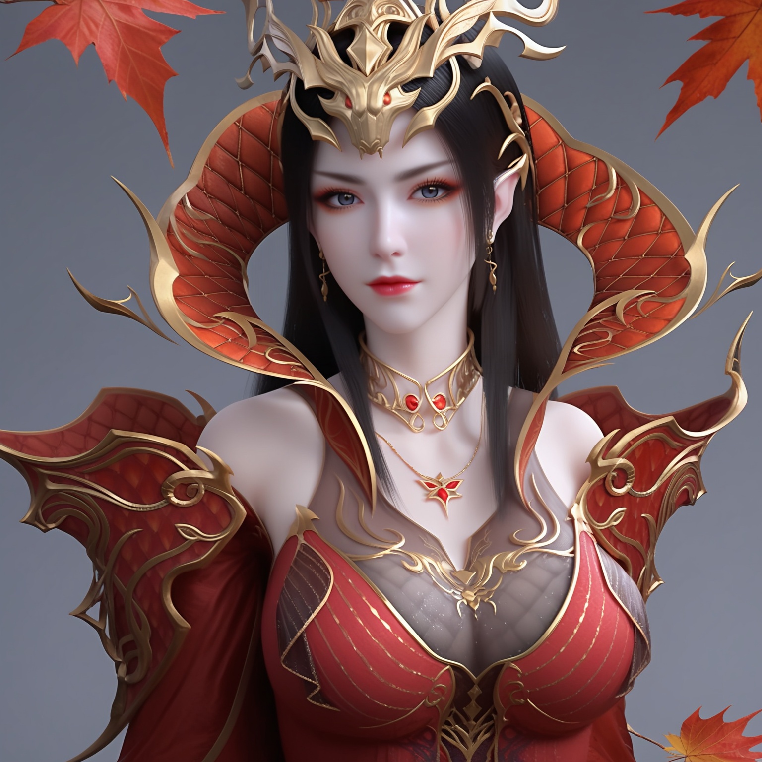 (score_9),upper body,<lora:斗尊美杜莎-apony-000008:0.83>,meidusha,1girl,solo,hair ornament,tiara,long hair,black hair,pointy ears,earrings,(gray-blue eye),cocked eyebrow,collar,popped collar,jewelry,shoulder armor,metal collar,necklace,detached sleeves,long sleeves,see-through sleeves,red dress,(glamor),curvy,mature_female,collarbone,pointy breasts,puffy breasts,(large teardrop breasts),large breasts,(see-through cleavage),BREAKlooking at viewer,BREAK<lora:Expressive_H-000001:0.8>,light blush,Expressiveh,body blush,<lora:e肤色滑块:0.25>,(pale_skin),(light_skin),<lora:皮肤凹痕:1.2>,<lora:RealisticSkinv1_ponyv6_loraplus:0.3>,real skin,ultra-detailed skin texture,detailed textures,BREAK<lora:e色温:0.35>,simple background,grey background,twig,autumn leaves,branch,falling leaves,Tyndall effect,available light,depth of field,lens_flare,