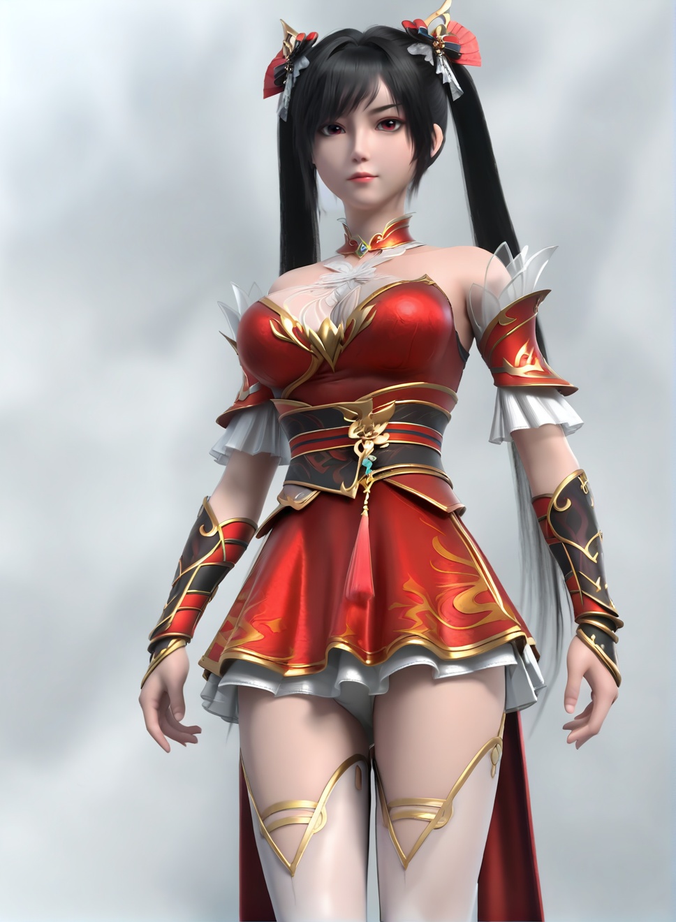 fair_skin,white_skin,Ivory_skin,score_9,<lora:SF_ChuYu_Pony_Realism-000003:0.72>,hair ornament,red dress,black hair,1girl,breasts,large breasts,standing,twintails,white thighhighs,solo,looking at viewer,simple background,