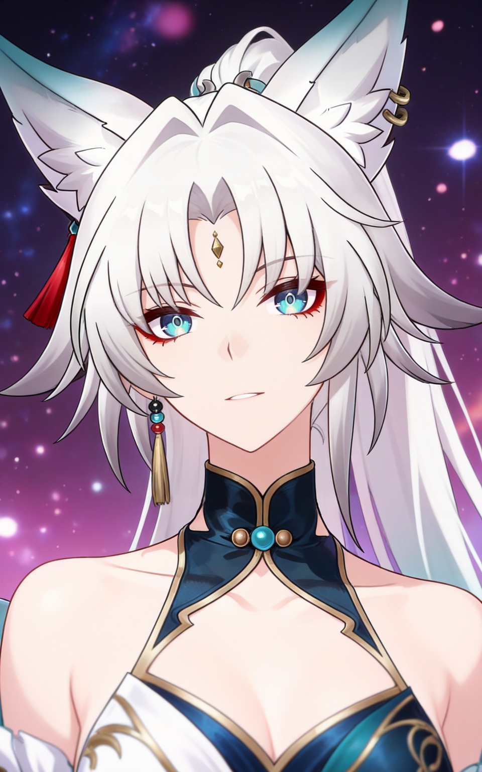 depth of field,masterpiece,best quality,very aesthetic,alternate costume,alternate costume,2024,2023,perfect composition,ultra-detailed,extreme aesthetic,masterpiece,best quality,good quality,newest,year 2024,year 2023,very aesthetic,absurdres,looking_at_viewer,colorful,upper_body,<lora:飞宵·衣服百搭款ILL:0.8>,feixiao \(honkai: star rail\),white hair,long hair,high ponytail,blue eyes,fox girl,fox_ears,animal ear fluff,earrings,tassel earrings,single earring,red eyeliner,forehead jewel,parted bangs,