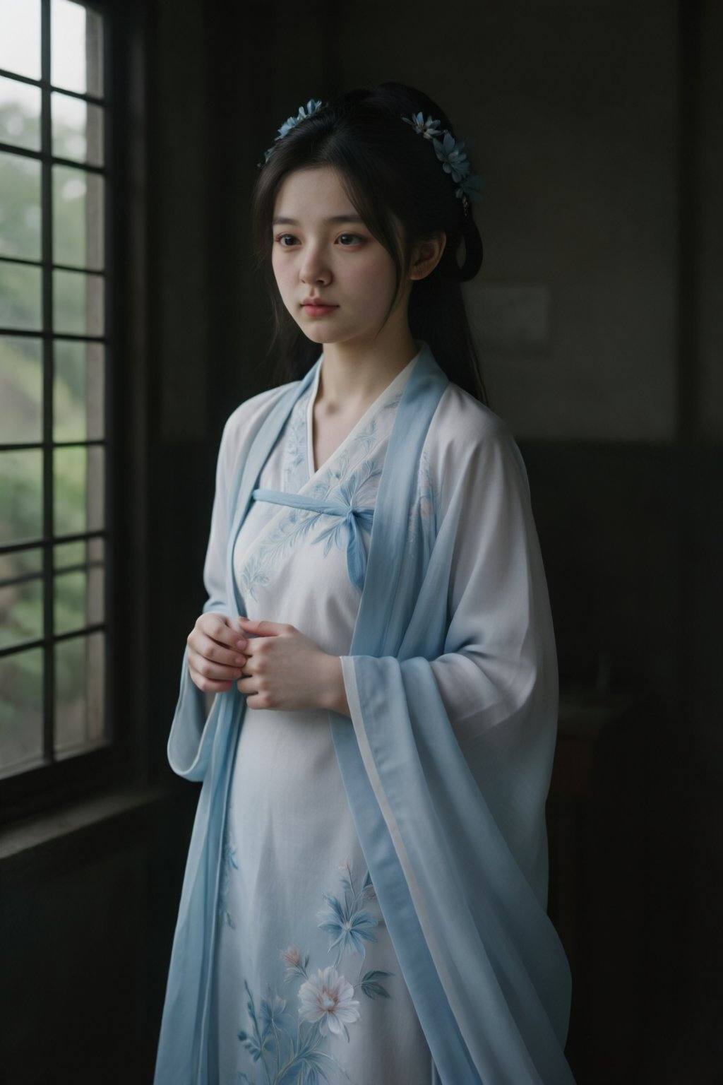 照片中,  一位肤色白皙、五官精致的亚洲女性身着一件柔和的蓝白相间、绣有花卉图案的传统中式旗袍。她乌黑的秀发挽成优雅的发髻,  点缀着蓝色的花朵。一件轻盈的浅蓝色披肩更添几分妩媚。她伫立在一间光线昏暗的房间里 on Tensor.Art