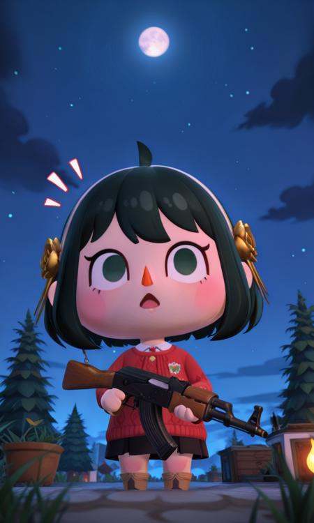 embedding:IllusP0s, animal crossing style, 3d, ak-47, assault rifle, holding, 1girl, (surprised), outdoors, night, yor_briar_\(spy x family\), 1girl, solo<lora:ak-47.safetensors:1.0:1.0> <lora:animal crossing style_3d_ill.safetensors:1:1>