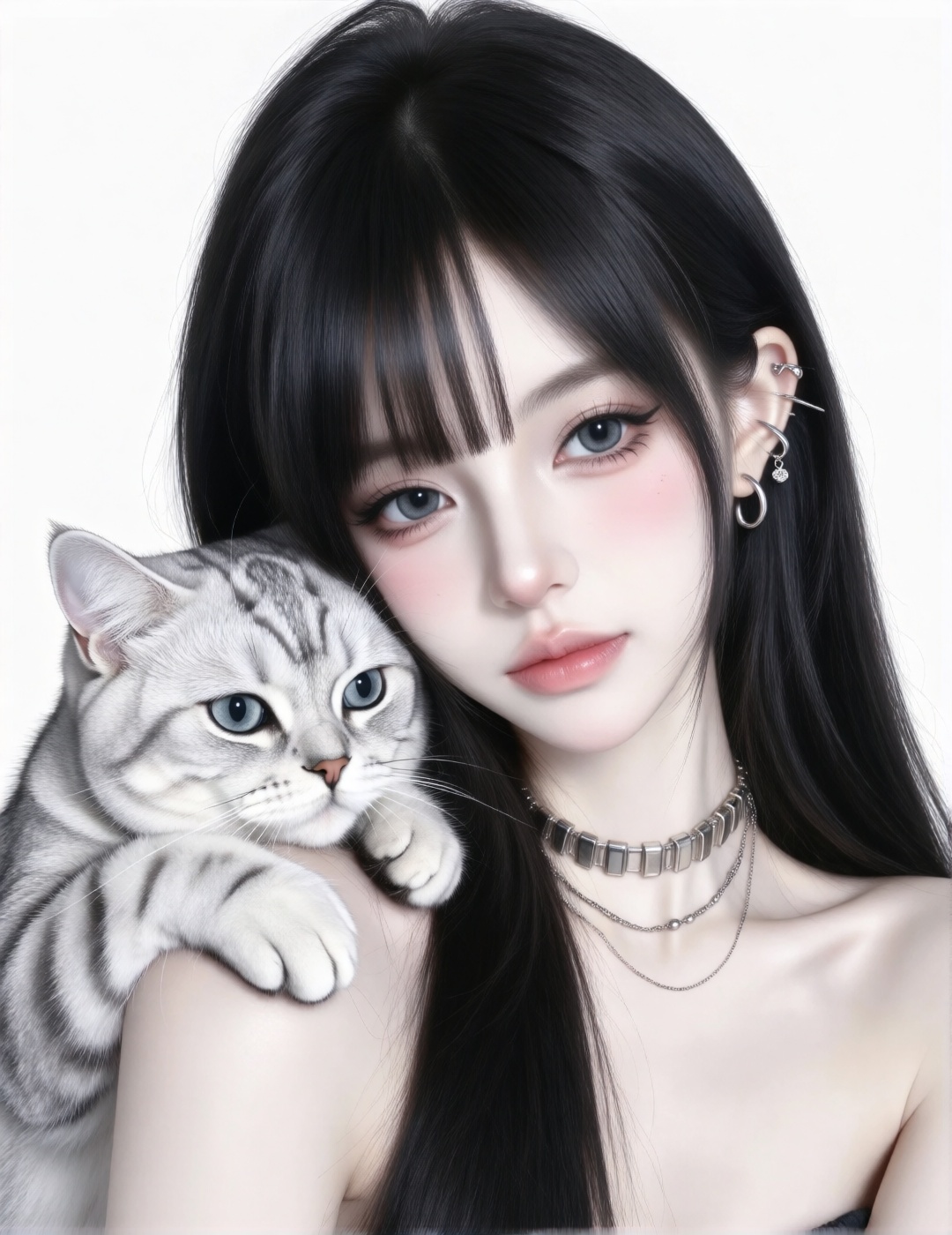 A young woman with long,  straight black hair and bangs holds a fluffy silver-tabby cat close to her face,  both gaze dire...