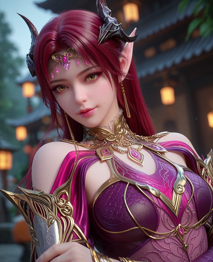(oriental architecture, elegant decor, sophisticated style:1.1),(in ecstasy:1.1),(breasts:1.2),<lora:XL百炼成神剑灵妖夜:0.9>,miss yaoye,long hair,jewelry,red hair,pointy ears,armor,earrings,horns,hair ornament,breasts,barefoot,socks,yellow eyes,lips,elf,, zPDXL2, score_9, score_8_up, score_7_up BREAK realistic, masterpiece,best quality, highly detailed,, zPDXL3, zPDXL2,zPDXL, zPDXLxxx, zPDXLrl,