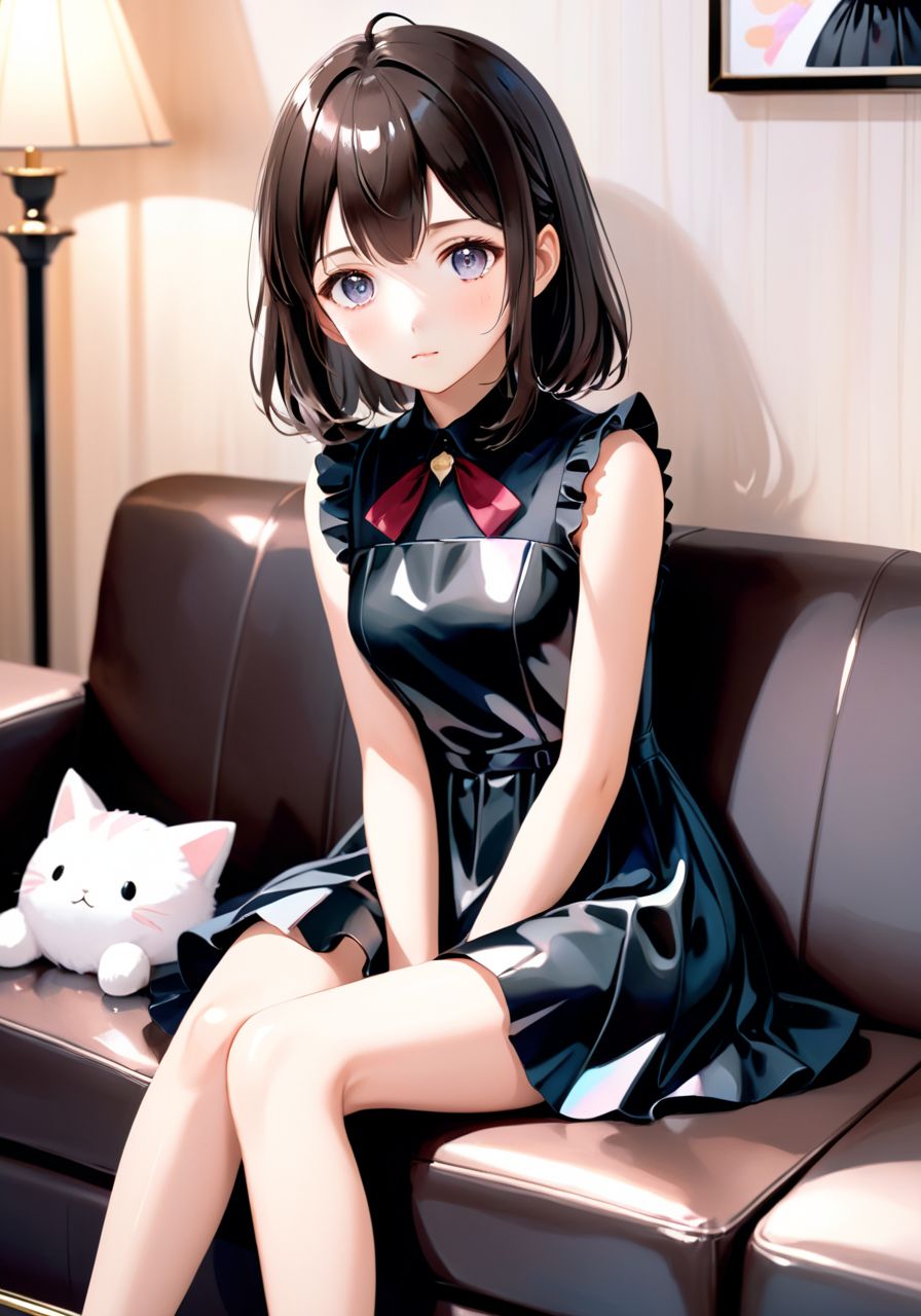 realistic,  a cute anime girl sits on a couch in a black dress,  in the style of 8k on Tensor.Art