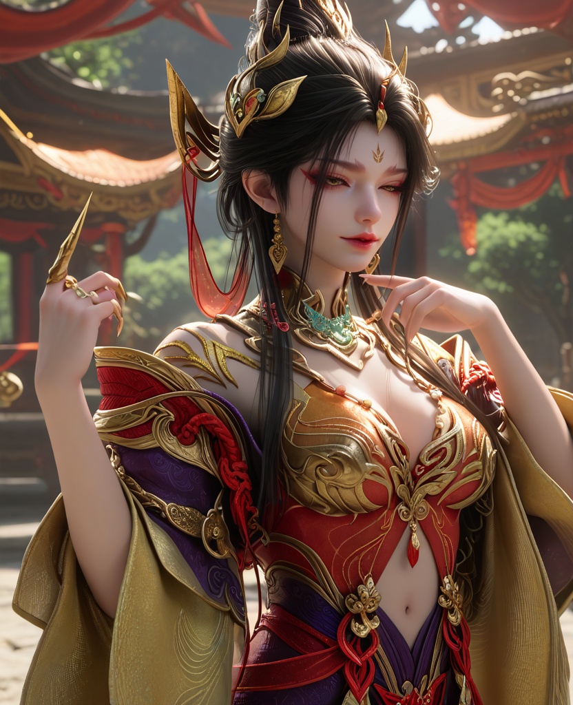 (oriental architecture, elegant decor, sophisticated style:1.1),(Posing with one hand on the heart, eyes closed,:1.1),(breasts:1.2),<lora:永劫无间南宫锦五丰太岁:0.95>,miss nangongjin,orange red corset dress with plum,yellow eyes,eyeshadow,forehead mark,black hair,traditional chinese updo with long front strands,hair ornament,earrings,jewelry,claw ring,wide flowing sleeves,cleavage,high heels,, score_9,score_8_up,score_7_up,score_6_up,score_5_up,score_4_up,3d rendering,tag1,tag2, Cinematic Lighting,backlighting,