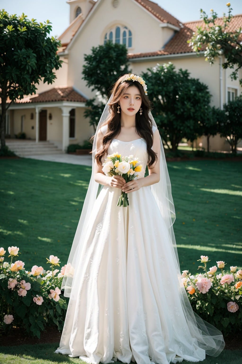 Best Quality,Masterpiece:1.4),(Realism:1.2),(Realisitc:1.2),(Absurdres:1.2),4K,(photorealistic:1.3),Detailed,Ultra-Detailed,1girl,church,lawn,outdoor,wedding,(whole body:1.4),gauze headscarf,((Huge chest)),(Long Wavy Hair),hunsha,veil,Earrings,Jewelry,(SunLight:1.4),Flowers,Hair Ornaments,(Holding flowers:1.4), <lora:YG梦中婚纱1:0.7>, 
