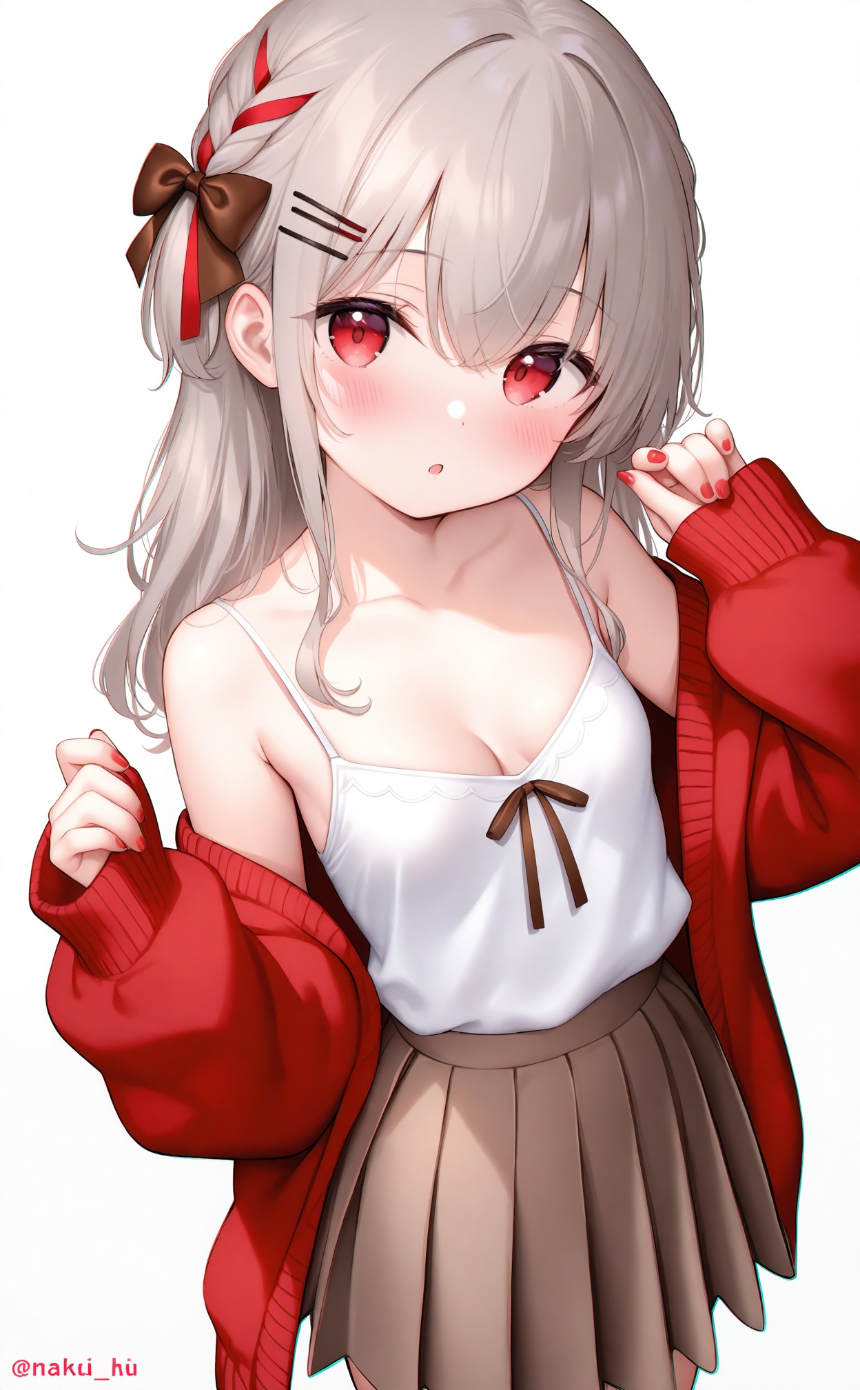 masterpiece,absurdres,best quality,loli,petite,high quality,chromatic_aberration,//,1girl,solo,simple background,sleeves past wrists,red nails,skirt,grey hair,hair ornament,blush,white background,looking at viewer,camisole,red sweater,pleated skirt,red cardigan,hairclip,hair ribbon,nail polish,bow,ribbon,long sleeves,off shoulder,red eyes,parted lips,long hair,breasts,red ribbon,hands up,bare shoulders,cleavage,collarbone,sweater,spaghetti strap,braid,hair between eyes,red jacket,brown skirt,jacket,grey background,small breasts,puffy long sleeves,open clothes,artist name,sleeveless,puffy sleeves,:o,brown bow,brown hair,twitter username,cardigan,open mouth,hair bow,red bow,ribbon braid,<lora:Nano_alens3:0.8>,