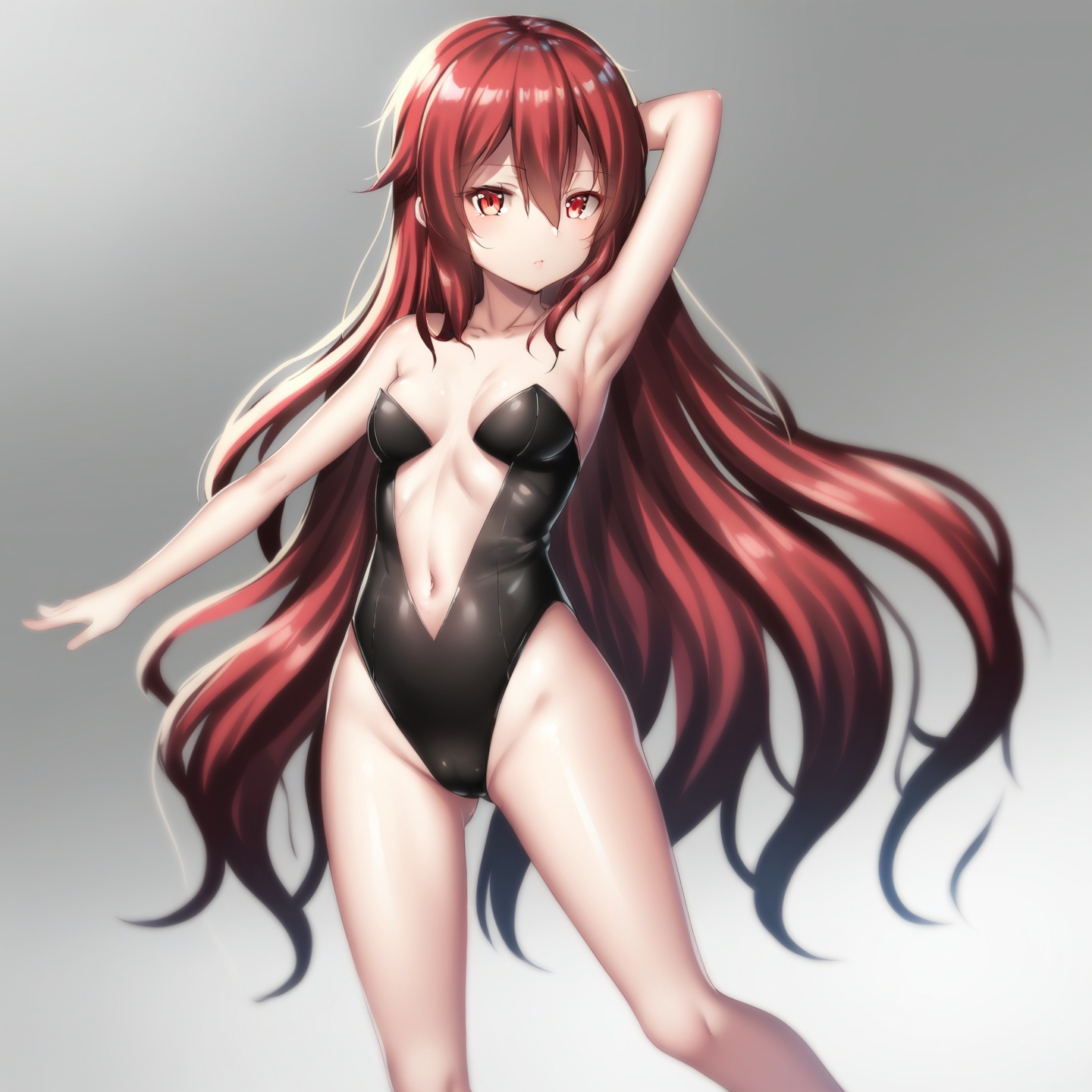 <lora:dl2:0.7>,1girl, solo, long hair, breasts, very long hair, leotard, red eyes, arm up, hair between eyes, strapless, navel, small breasts, bare shoulders