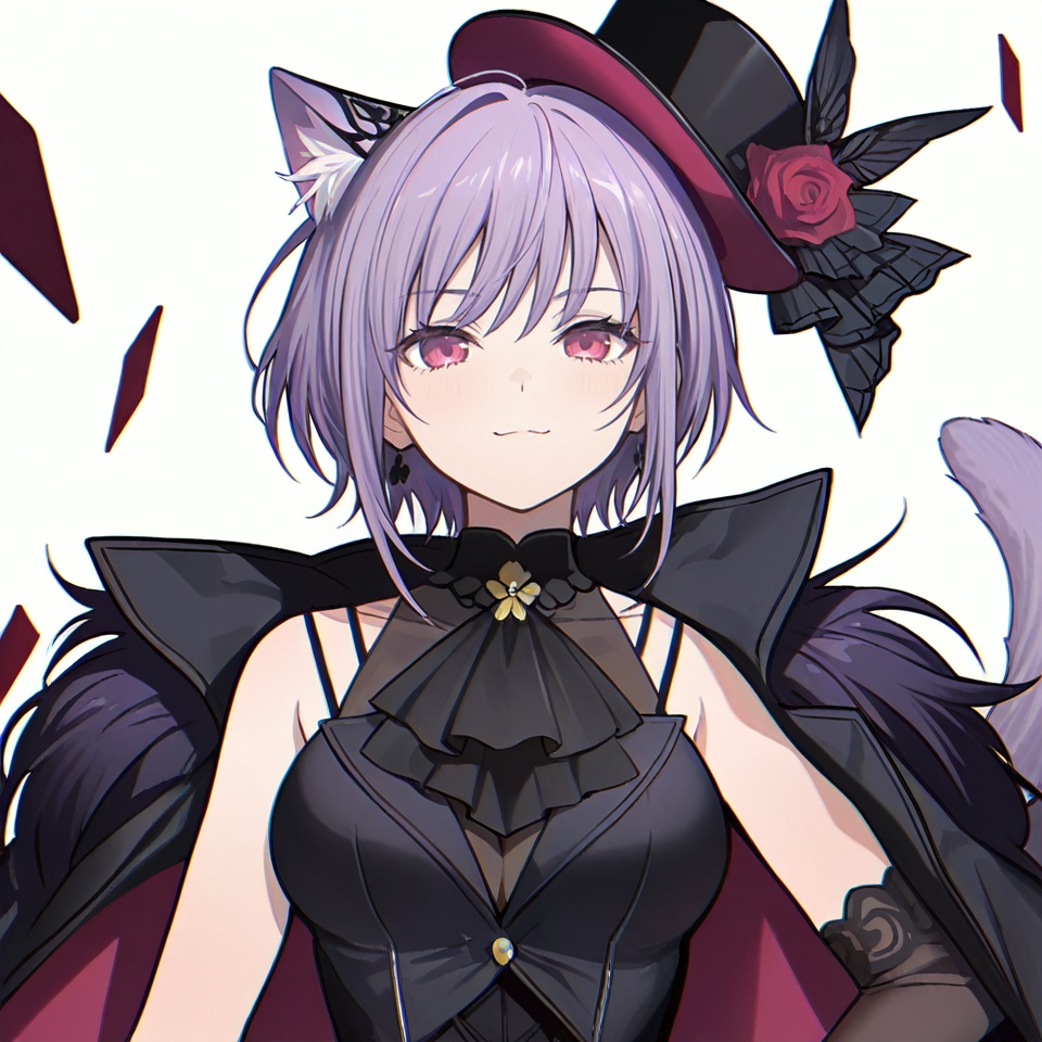 masterpiece, best quality,solo,(white background:1.2),simple background,1girl,looking at viewer,    Yuutenji Nyamu,short hair,purple eyes,red eyes,bangs,purple hair,breasts,skirt,thighhighs,gloves,hat, animal ears, jacket, tail,pantyhose,boots,sleeveless,black gloves,black footwear,high heels,black headwear,thigh boots,garter straps,top hat, card,<lora:舟喵-ill2pro:0.8>