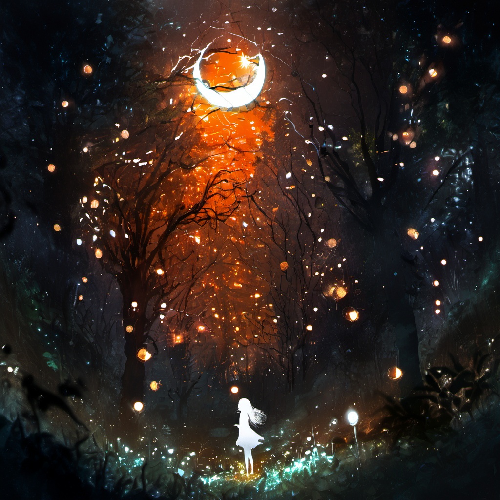 <lora:star_xl_v3:1>,silhouette painting, ethereal ambiance, 1girl, orange theme, solo, long hair, blonde hair, dress, very long hair, standing, outdoors, white dress, tree, glowing, halo, nature, scenery, forest, bubble, dark, night, moon, light, crescent moon, a mystical and ethereal forest scene at night, the forest floor is illuminated by a myriad of glowing orbs, some of which resemble fireflies, while others have a more luminescent quality. these orbs cast a soft and radiant light that contrasts with the darker shadows of the trees and foliage, a tall and glowing silhouette of a girl with long flowing hair, standing amidst the orbs, serene, magical, and otherworldly., nocturnal, glow, orbs, fireflies, radiant light, luminescent, translucent, ambiance