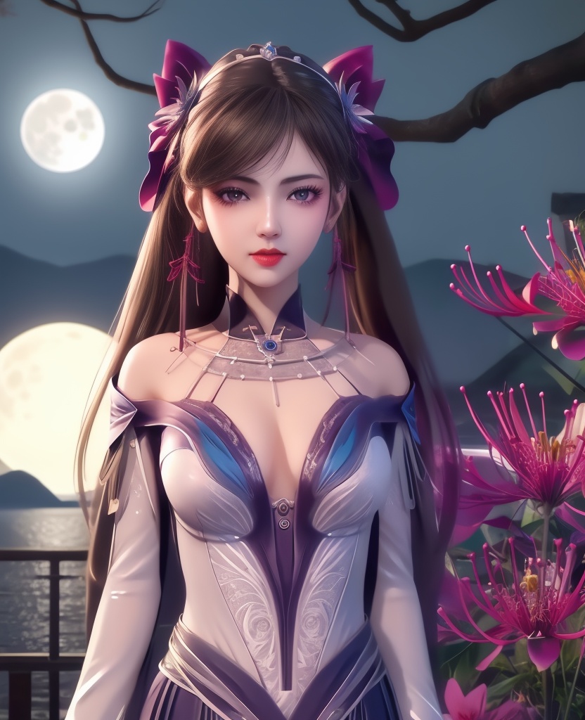<lora:561-DA-炼气十万年-孔炎:0.8>(,1girl, ,best quality, ),looking at viewer,  ,,ultra detailed background,ultra detailed background,ultra realistic 8k cg, ,masterpiece, spider lily,full moon, (cleavage), (),