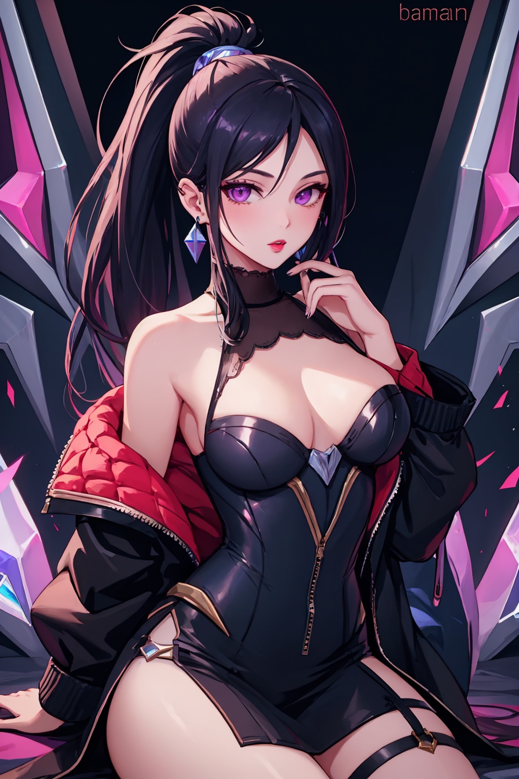 masterpiece,best quality, highly detailed, 1girl,k/da \(league of legends\),kai'sa,ponytail,bare shoulders,earrings,looking at viewer,solo,official alternate costume,tight,breasts,lipstick,off shoulder,<lora:kai'sa:1>