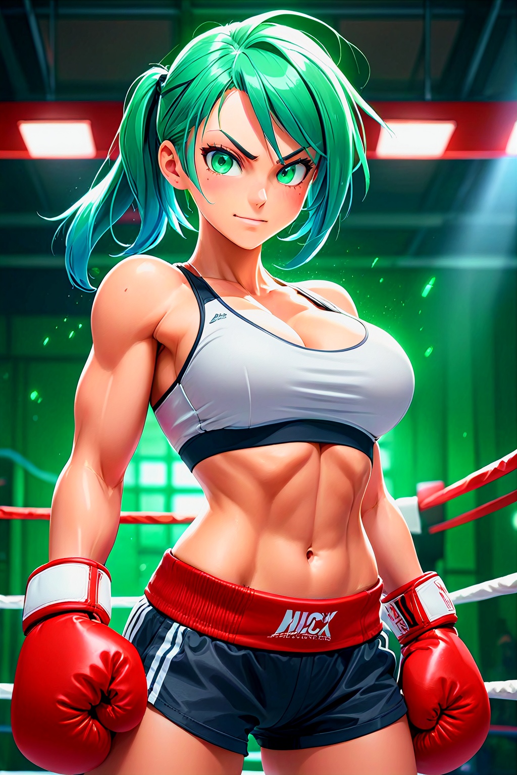 blue hair,  green eyes,  red boxing gloves on Tensor.Art