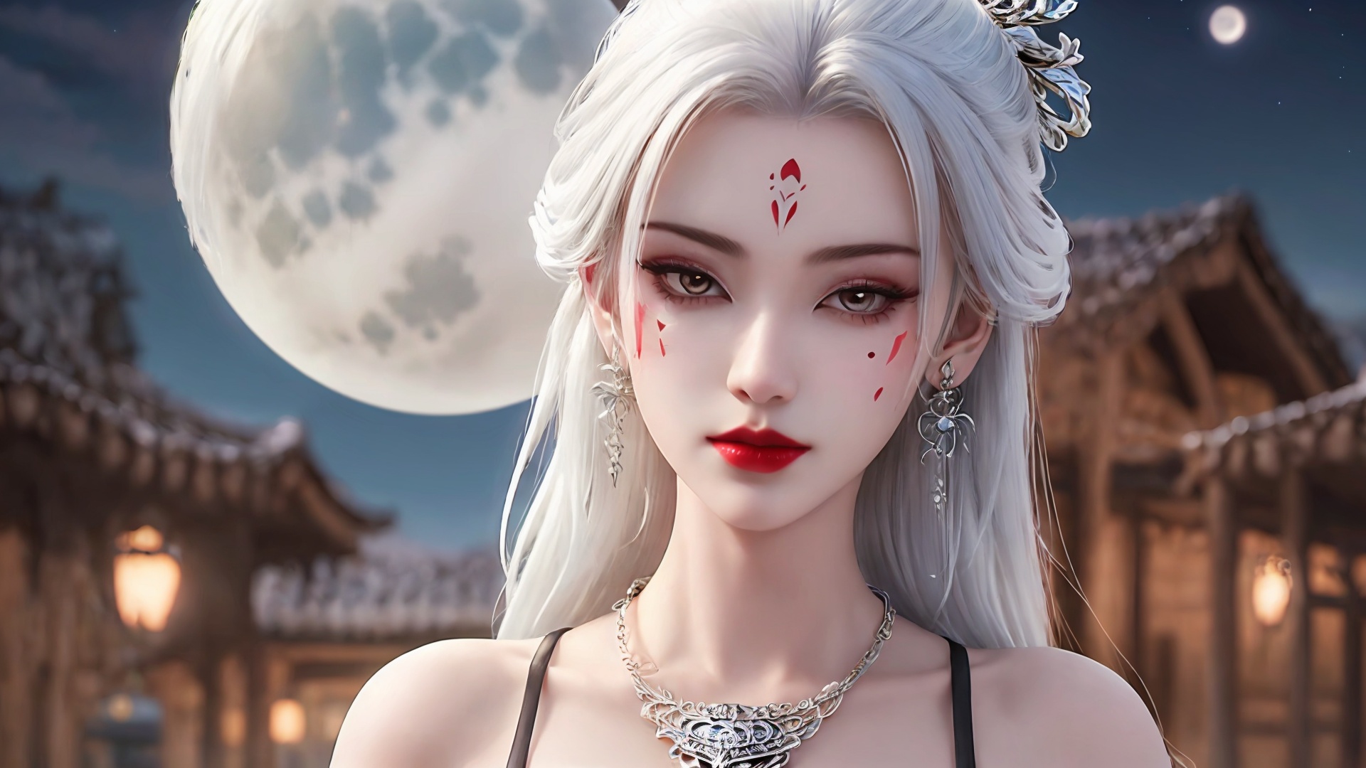 1girl, moon, jewelry, necklace, solo, bracelet, white hair, earrings, facial mark, long hair, night, hair ornament, looking at viewer, bare shoulders, full moon, forehead mark, upper body, red lips, dress<lora:girl miaojiangxiaobai_20240912173536:0.8>,