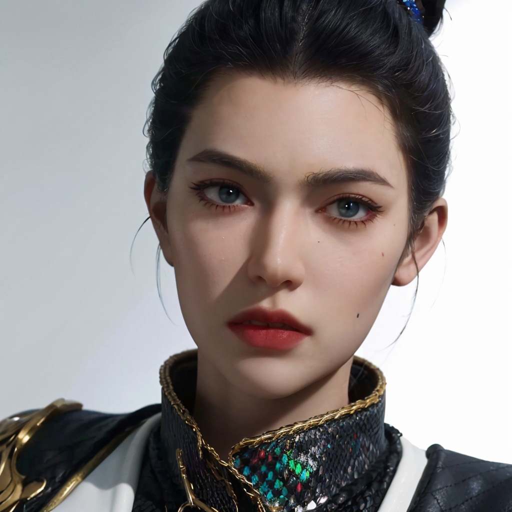 1girl,solo,big eyes,forehead,red lips,black hair,(single hair bun),hair ornament,chainmail,armor,(looking at viewer),(close-up),(white background),3d,game cg,(Cinematic Lighting),(skin gloss),(perfect skin),Highly detailed,(ultra-detailed),hatching \(texture\),(8k,best quality,huge filesize,masterpiece:1.5),<lora:斗罗大陆2-仙琳儿:0.55>,