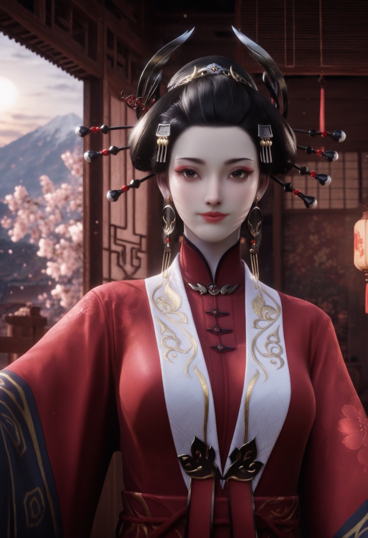 Yan_furen,1girl,black hair,looking at viewer,hair ornament,jewelry,brown eyes,earrings,hair stick,updo,hair pulled back,horns,hair stick,<lora:Yan_furen_10_illu-000010:0.75>,chinese clothes,wide sleeves,long sleeves,hanfu,red dress,photorealistic,hyperrealistic,<lora:realistic filter [IL]:1>,(pale skin:1.2),standing,(upper body:1.2),close up,head shot,lantern,open window,looking at viewer,indoors,mountains,blossoms,flowers,east asian architecture,beautiful sunrise,warm ambient temperature,