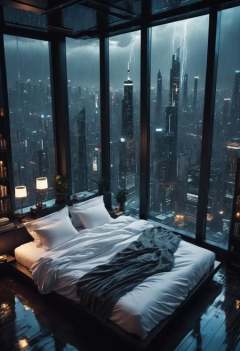 moody aesthetic, beautiful cozy, cramped bedroom with floor to ceiling glass windows overlooking a cyberpunk city at night, view from top of skyscraper, white bedsheets, bookshelves, thunderstorm outside with torrential rain, detailed, high resolution, photorrealistic, dark, gloomy,