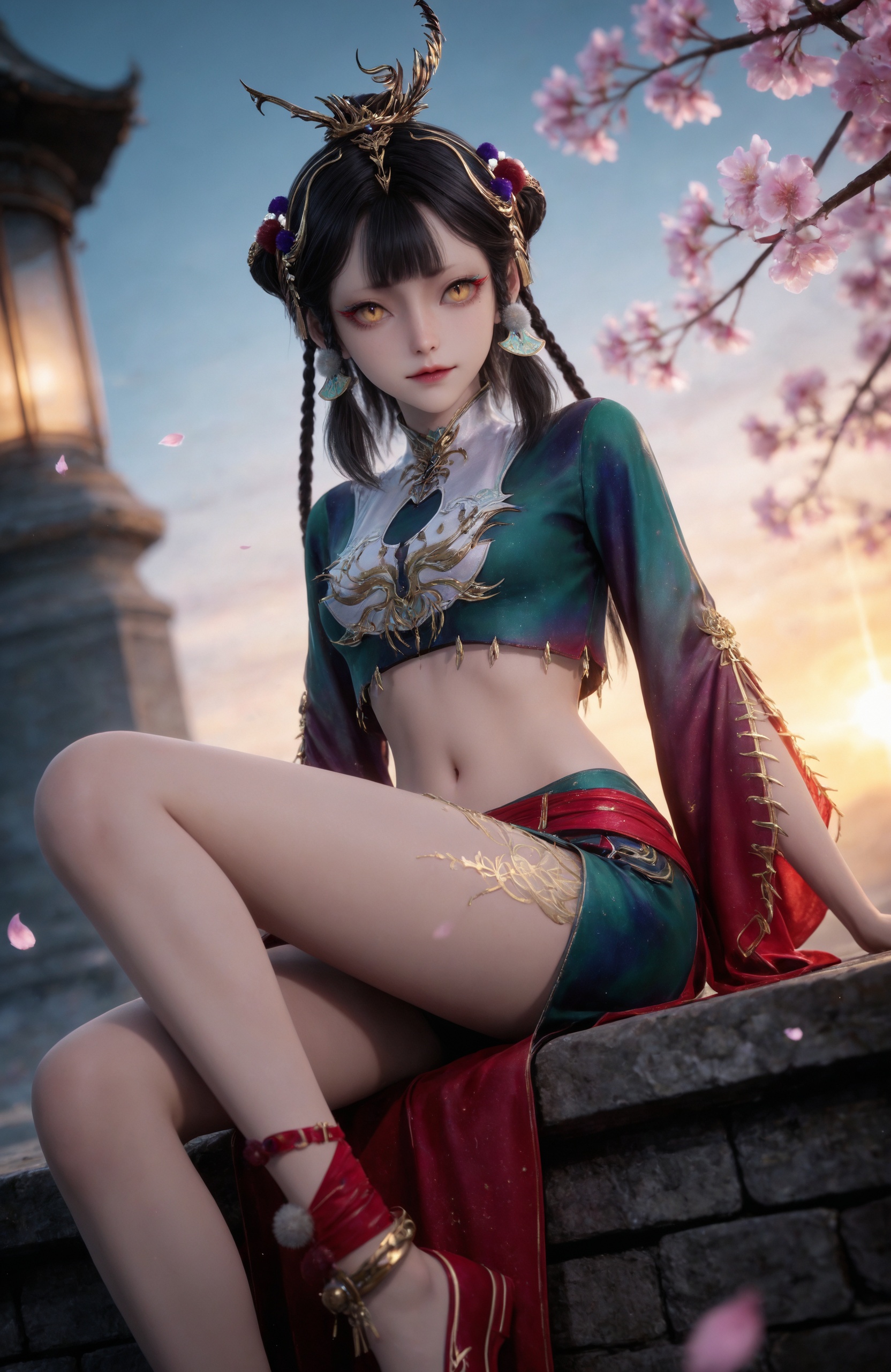 <lora:牧神记-仙清儿IL:0.7> 1girl, black hair, long hair, hair rings, hair bun, braid, hair ornament, jewelry, yellow eyes, crop top, chinese clothes, skirt, midriff, navel, red footwear, realistic style photo,outstanding style,Use soft lighting to cast gentle shadows on the subject,adding a touch of dimension to your images without compromising details,whirls of vapor,(Anime:1.1),soft neon light,ethereal ambiance,delicate details,magical atmosphere,concept art,highly detailed,ultra-high resolution,32K UHD,sharp focus,best-quality,masterpiece,golden hour,unconventional supreme masterpiece,masterful details,temperate atmosphere,with a high-end texture,in the style of fashion photography,magazine style,Dynamic Angle,Dynamic posture,magazine style,Dynamic Angle,Dynamic posture,(cowboy_shot:1.2),eye trail,depth of field,cinematic lighting,lens flare,close-up,extreme aesthetic,(wlop:0.6),(honjou raita,lack,rella,wanke:0.5),masterpiece,best quality,good quality,newest,year 2025,very aesthetic,absurdres,Visual impact,A shot with tension,ultra-high resolution,32K UHD,sharp focus,best-quality,masterpiece,Emotionalization,unconventional supreme masterpiece,masterful details,temperate atmosphere,with a high-end texture,in the style of fashion photography,(Visual impact:1.2),giving the poster a dynamic and visually striking appearance,, stairs,pink flower,bare legs,toes,barefoot,blurry,sitting,full body,