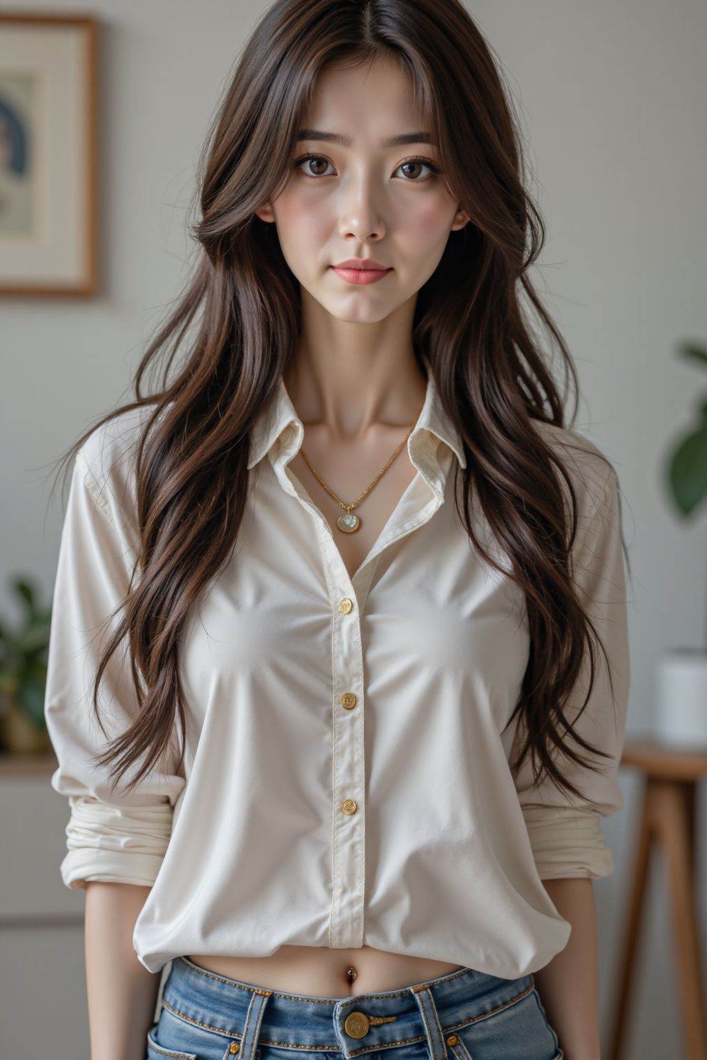 1girl, solo, long hair, looking at viewer, brown hair, shirt, hair ornament, navel, brown eyes, jewelry, pants, necklace, blurry background, denim, jeans, realistic, photo background