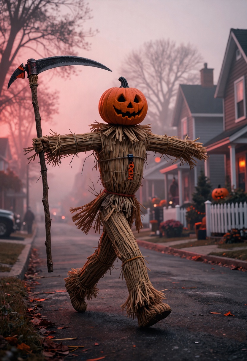 Kodak Vision 500T,  4Stylized illustration of a scary straw-made scarecrow with a jack-o'-lantern head seen walking on the...