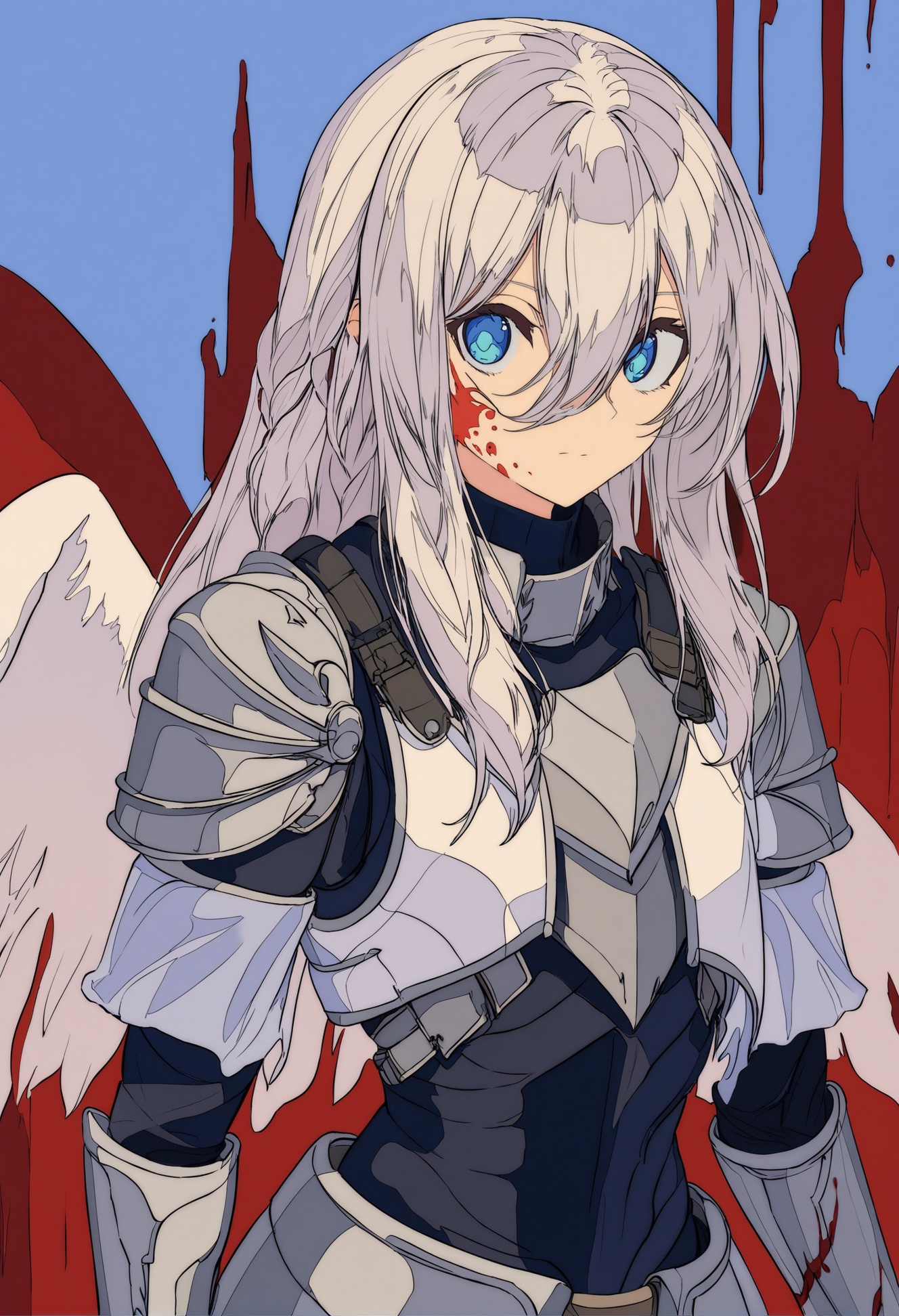 masterpiece, best quality,1girl, solo, armor, looking at viewer, blue eyes, white hair, gauntlets, upper body, long hair, wings, braid, hair between eyes, breastplate, blood, closed mouth, blood on face , <lora:焦茶XLlokr8f-000188:0.95>