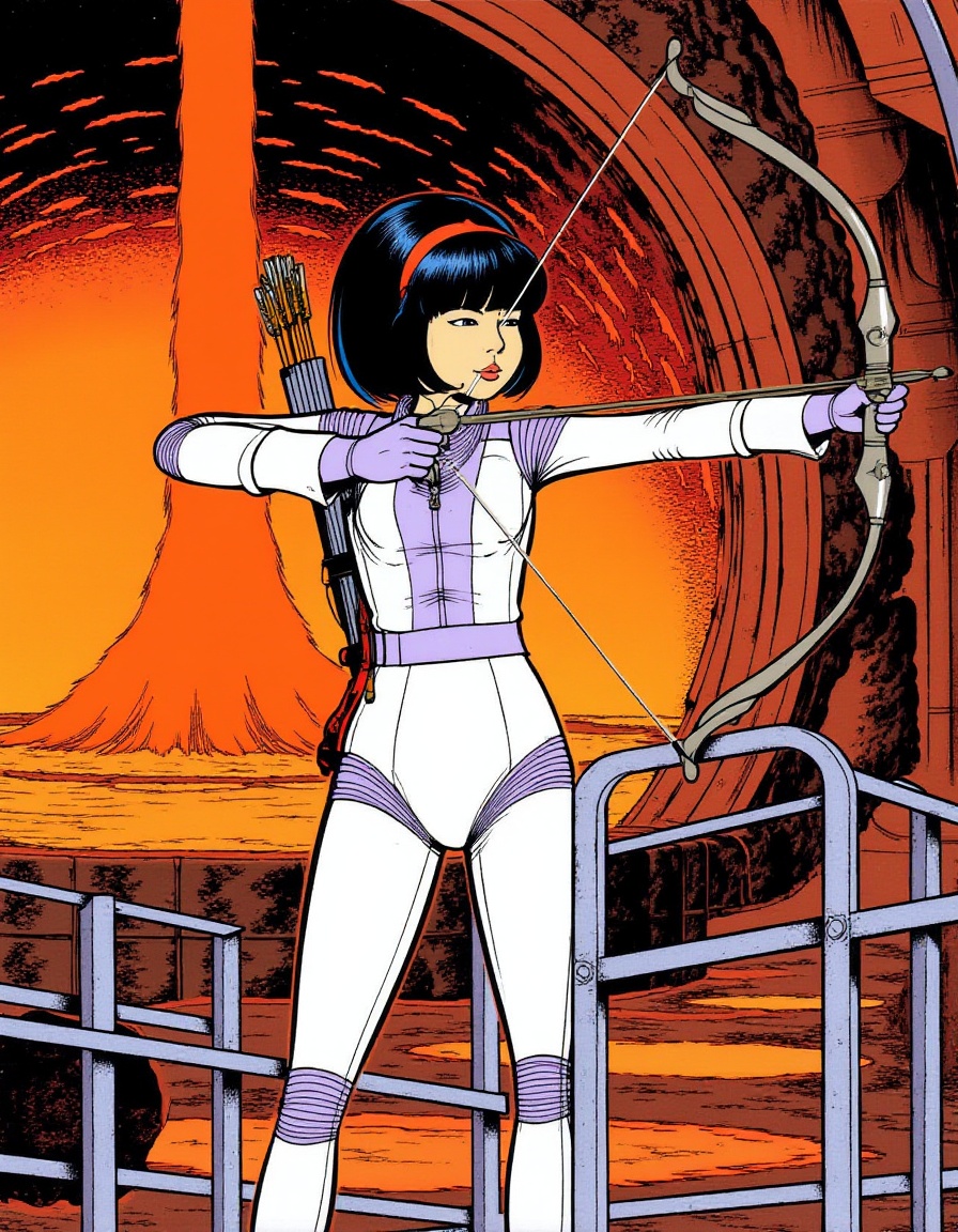 Yoko Tsuno standing in a futuristic-looking lava processing factory,  viewed from a side. She is standing on a metallic pl...