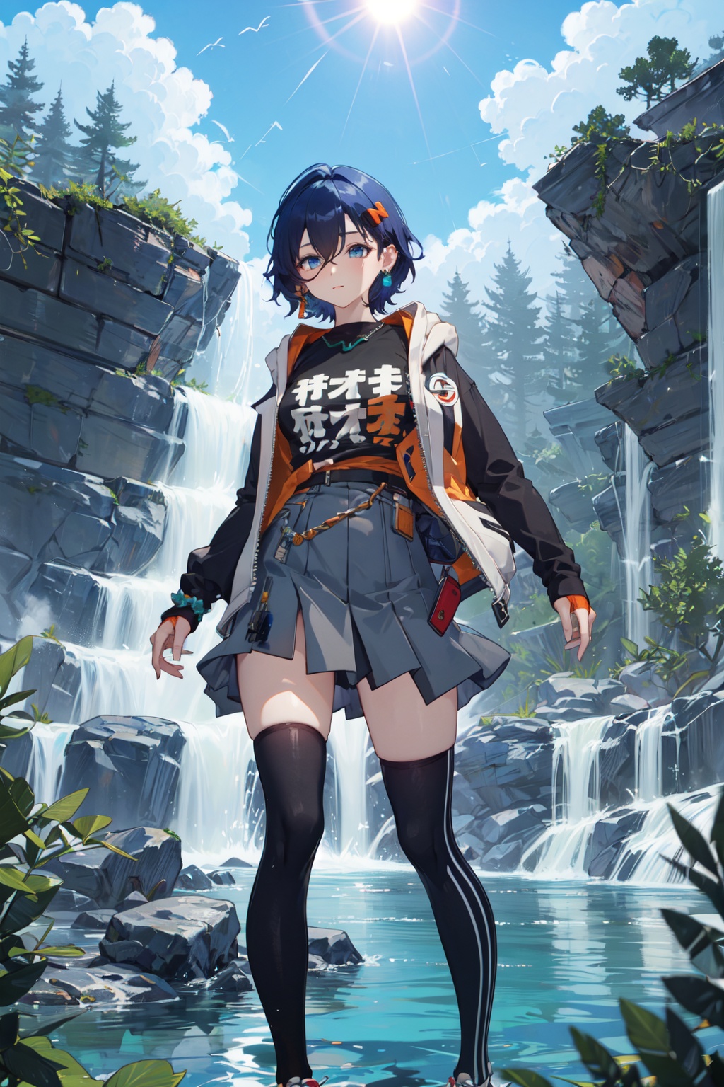 <lora:Belle-000018:0.8>,Belle CYQL,1girl,looking at viewer,solo,blue hair,short hair,hair between eyes,blue eyes,jewelry,hair ornament,hairclip,earrings,hood,jacket,shirt,black shirt,long sleeves,open clothes,open jacket,black jacket,multicolored clothes,fingerless gloves,wrist scrunchie,grey skirt,asymmetrical legwear,uneven legwear,single kneehigh,single sock,shoes,teasing_smile,portrait,Plunging down, the waterfall often forms a brilliant rainbow arch under the sun's rays, with water droplets spraying and thunderous sounds echoing amidst lush greenery,beautiful detailed sky,beautiful detailed glow,posing in front of a colorful and dynamic background,masterpiece,best quality,beautiful and aesthetic,contrapposto,female focus,wallpaper,